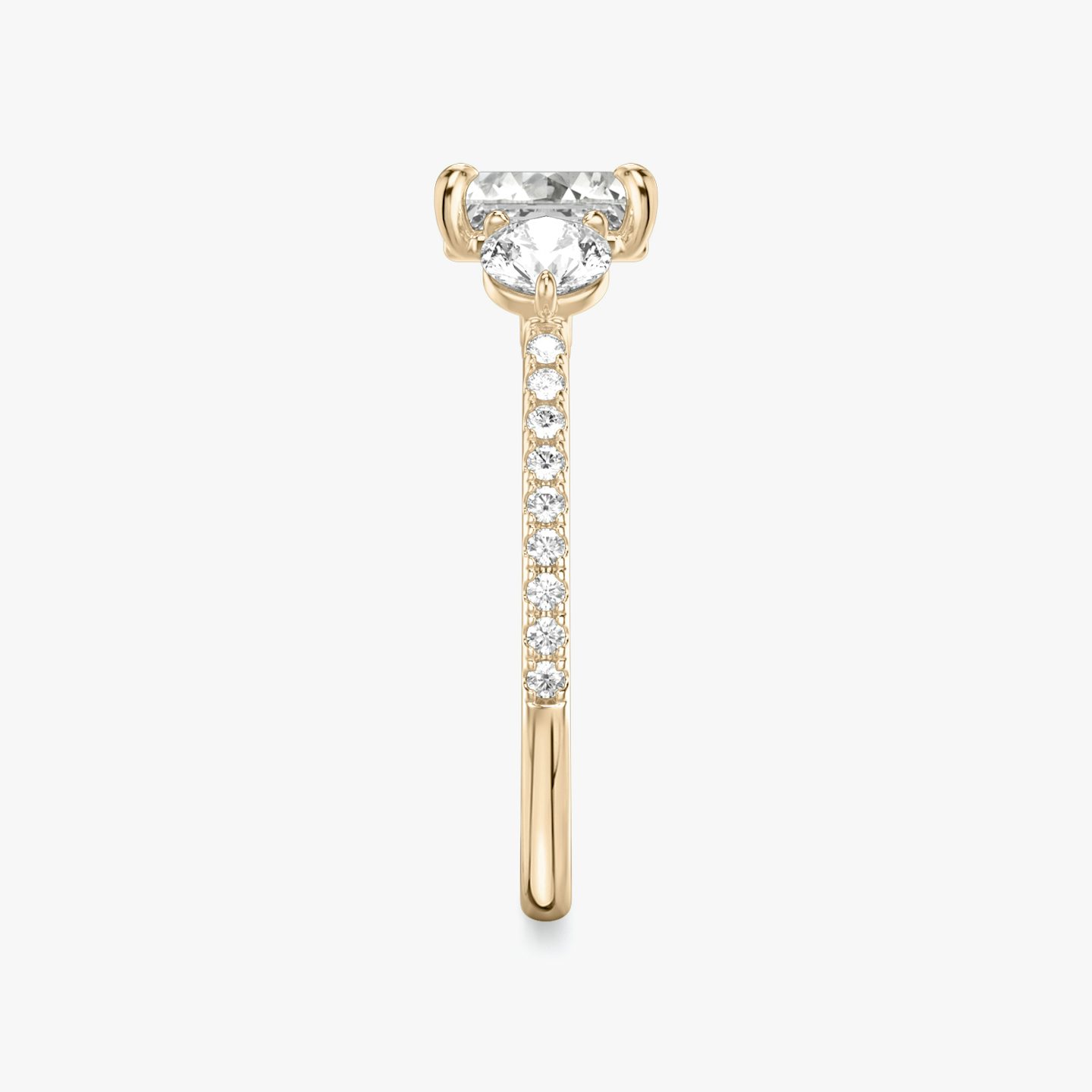 The Three Stone | Asscher | 14k | Rose Gold | bandAccent: Pavé | sideStoneCarat: 0.25ct | sideStoneShape: Round Brilliant | diamondOrientation: vertical | caratWeight: other
