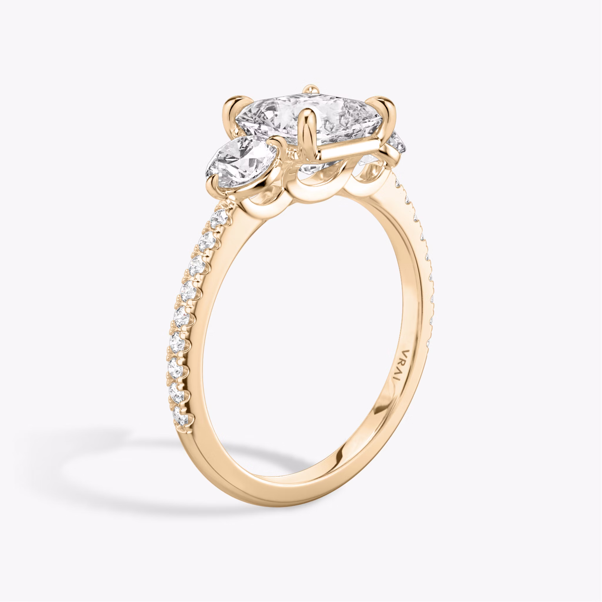 The Three Stone | Asscher | 14k | Rose Gold | bandAccent: Pavé | sideStoneCarat: 0.25ct | sideStoneShape: Round Brilliant | diamondOrientation: vertical | caratWeight: other