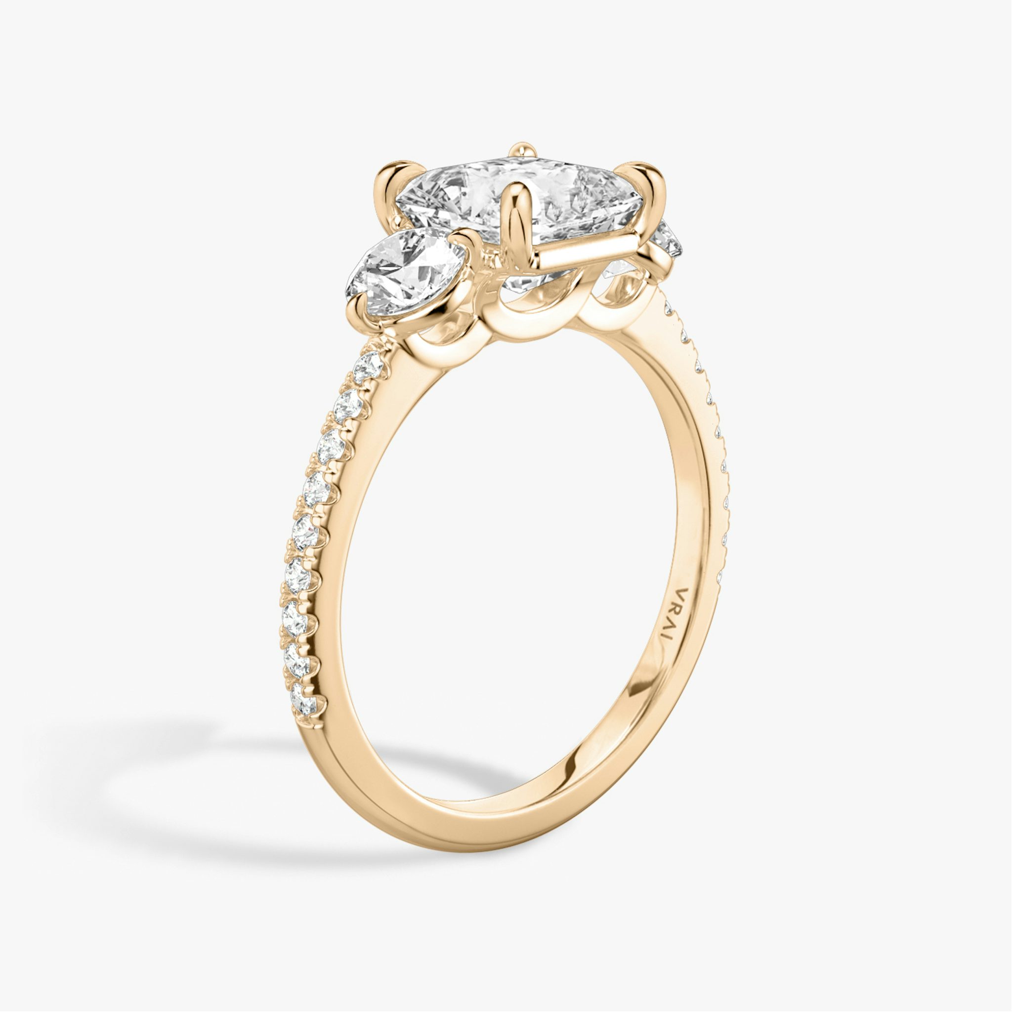 The Three Stone | Asscher | 14k | Rose Gold | bandAccent: Pavé | sideStoneCarat: 0.25ct | sideStoneShape: Round Brilliant | diamondOrientation: vertical | caratWeight: other