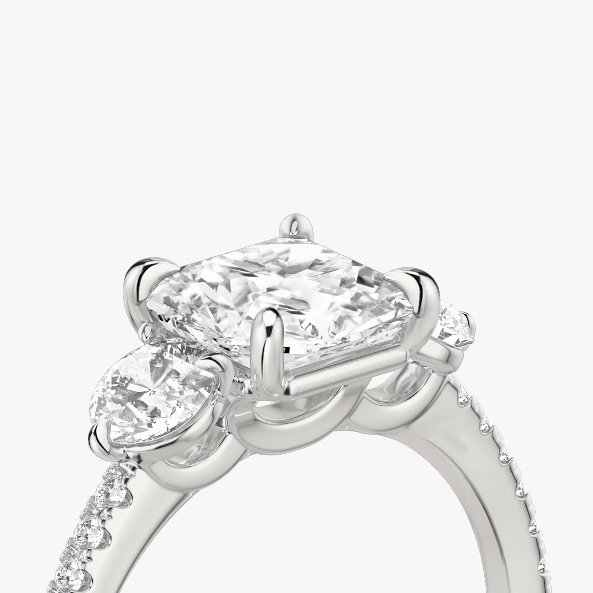The Three Stone | Asscher | Platinum | bandAccent: Pavé | sideStoneCarat: 0.25ct | sideStoneShape: Round Brilliant | diamondOrientation: vertical | caratWeight: other