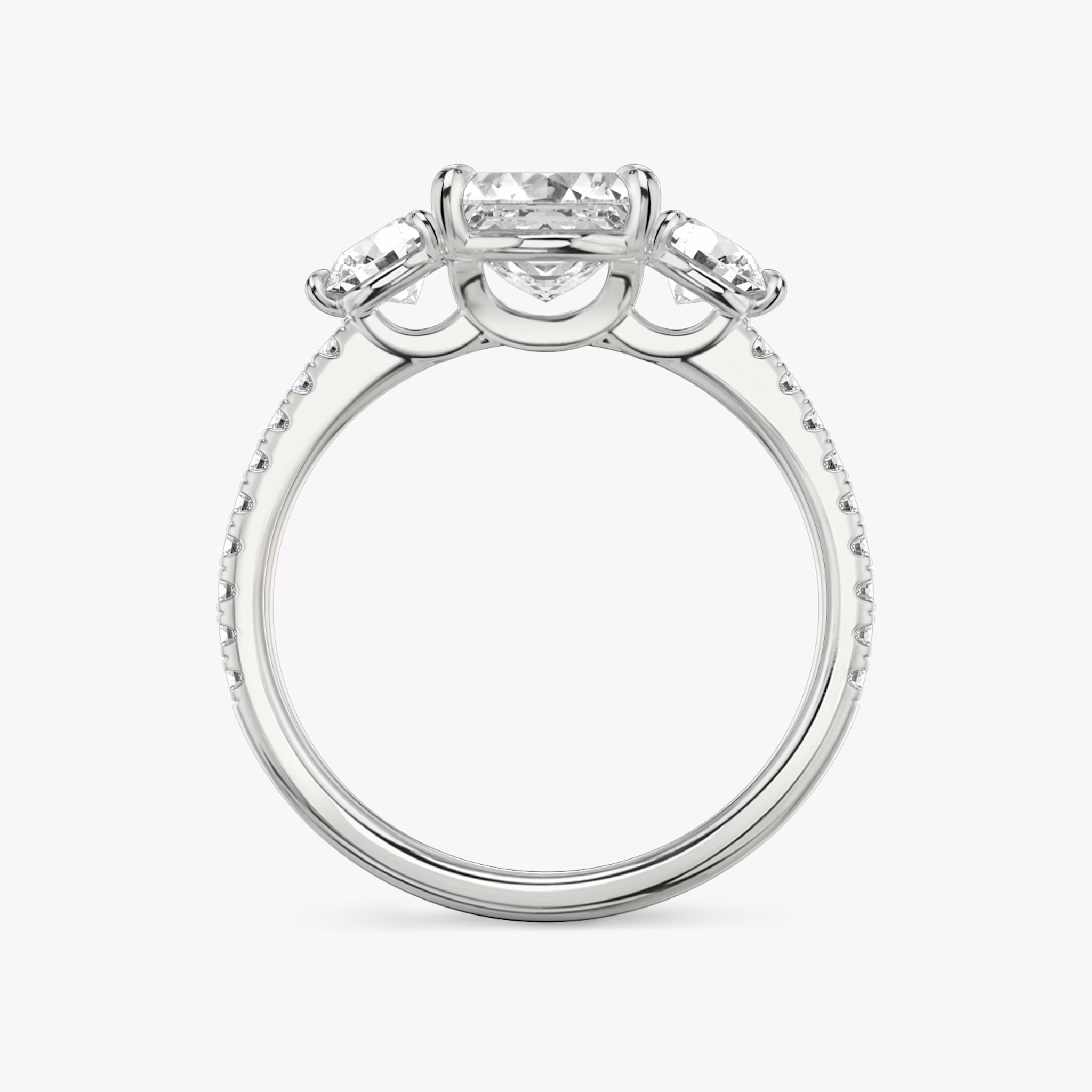 The Three Stone | Asscher | Platinum | bandAccent: Pavé | sideStoneCarat: 0.25ct | sideStoneShape: Round Brilliant | diamondOrientation: vertical | caratWeight: other