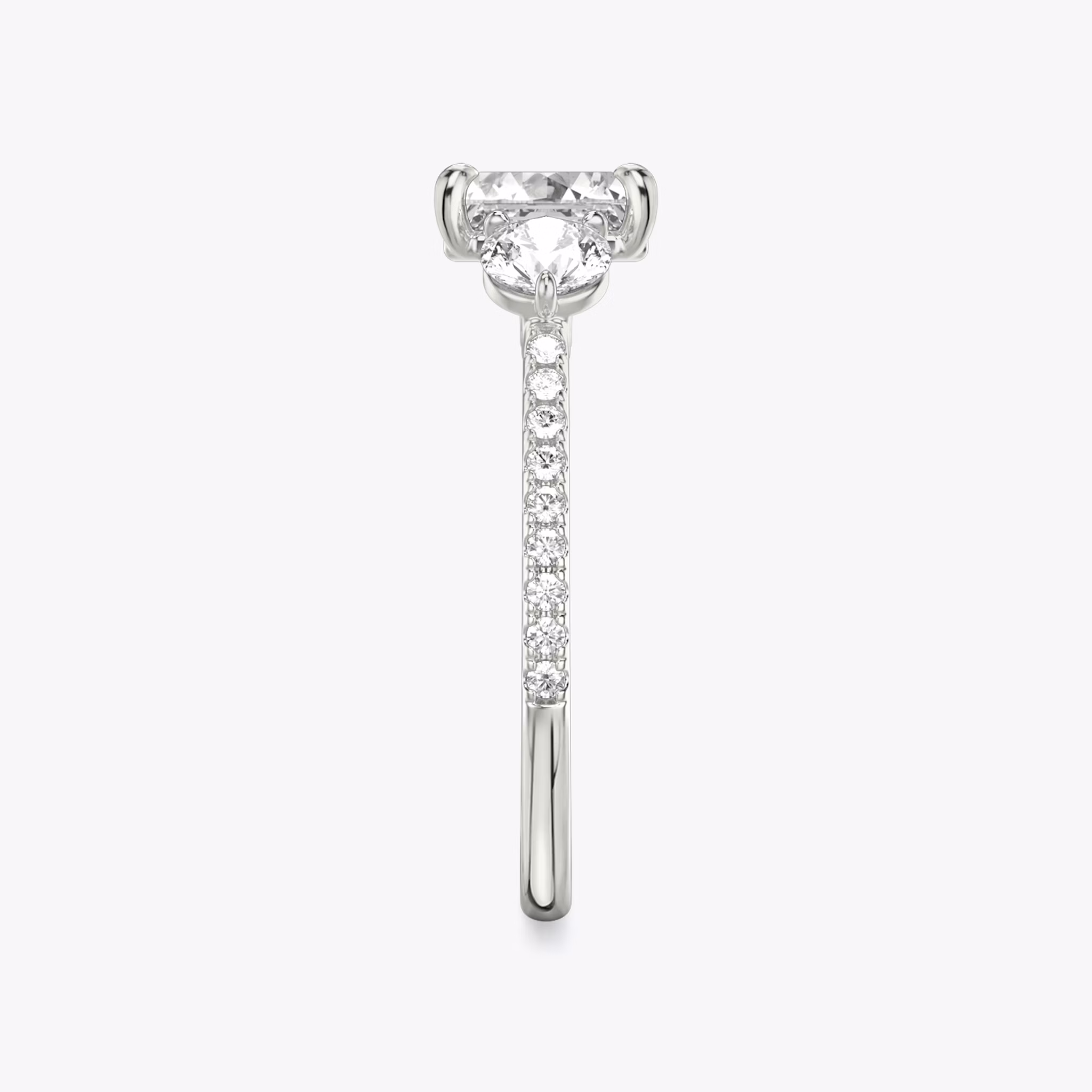 The Three Stone | Asscher | Platinum | bandAccent: Pavé | sideStoneCarat: 0.25ct | sideStoneShape: Round Brilliant | diamondOrientation: vertical | caratWeight: other