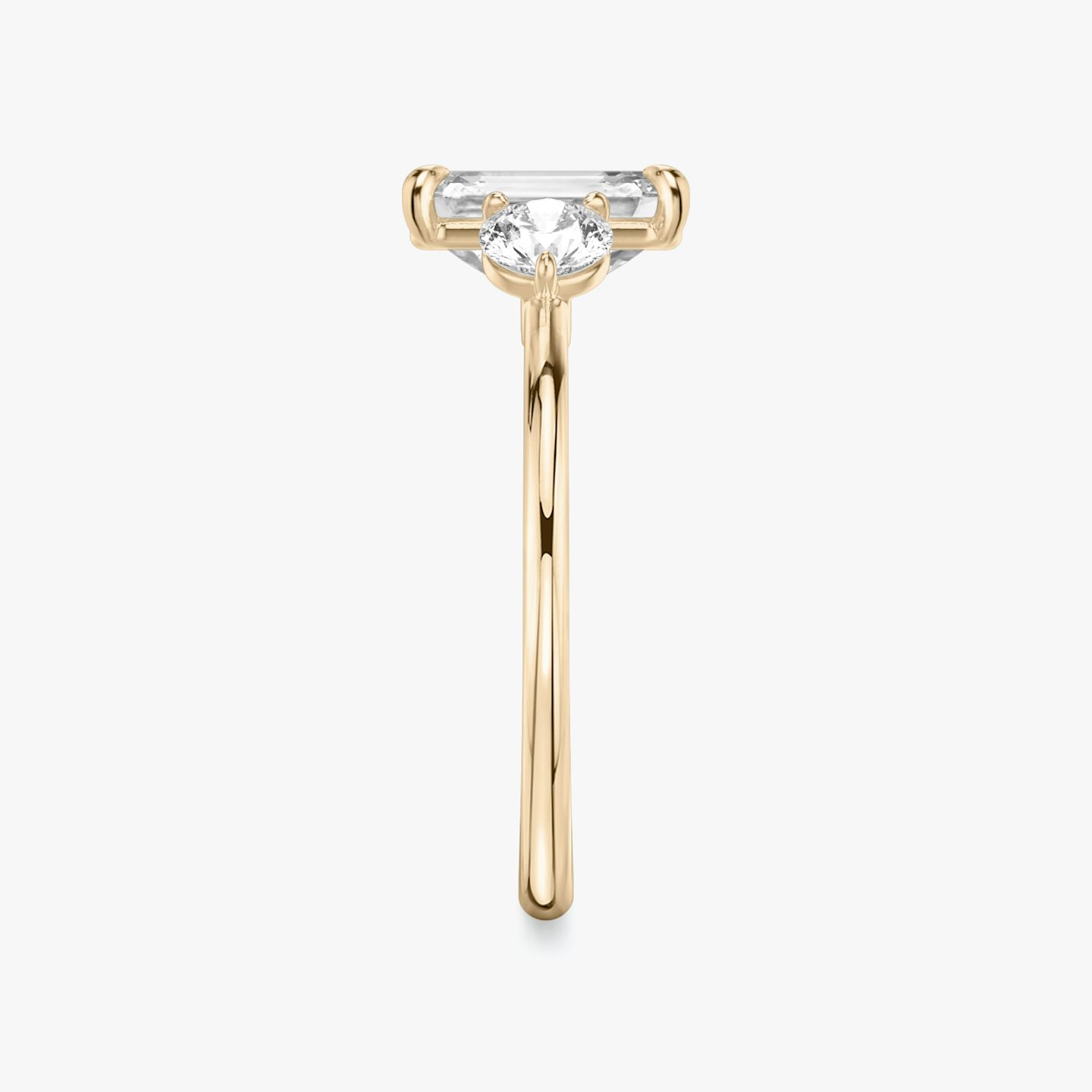 The Three Stone | Emerald | 14k | Rose Gold | bandAccent: Plain | sideStoneCarat: 0.25ct | sideStoneShape: Round Brilliant | diamondOrientation: vertical | caratWeight: other