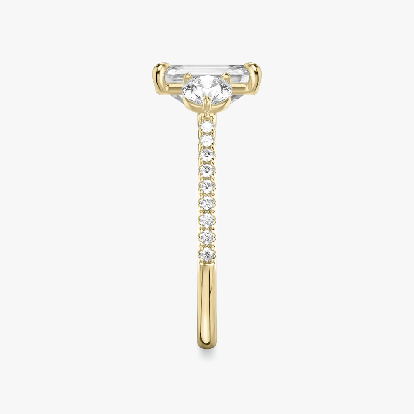 The Three Stone | Emerald | 18k | Yellow Gold | bandAccent: Pavé | sideStoneCarat: 0.25ct | sideStoneShape: Round Brilliant | diamondOrientation: vertical | caratWeight: other