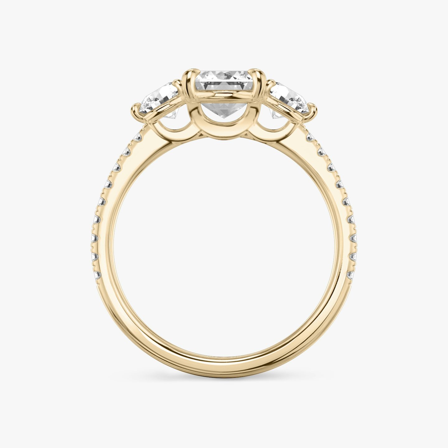 The Three Stone | Emerald | 14k | Rose Gold | bandAccent: Pavé | sideStoneCarat: 0.25ct | sideStoneShape: Round Brilliant | diamondOrientation: vertical | caratWeight: other