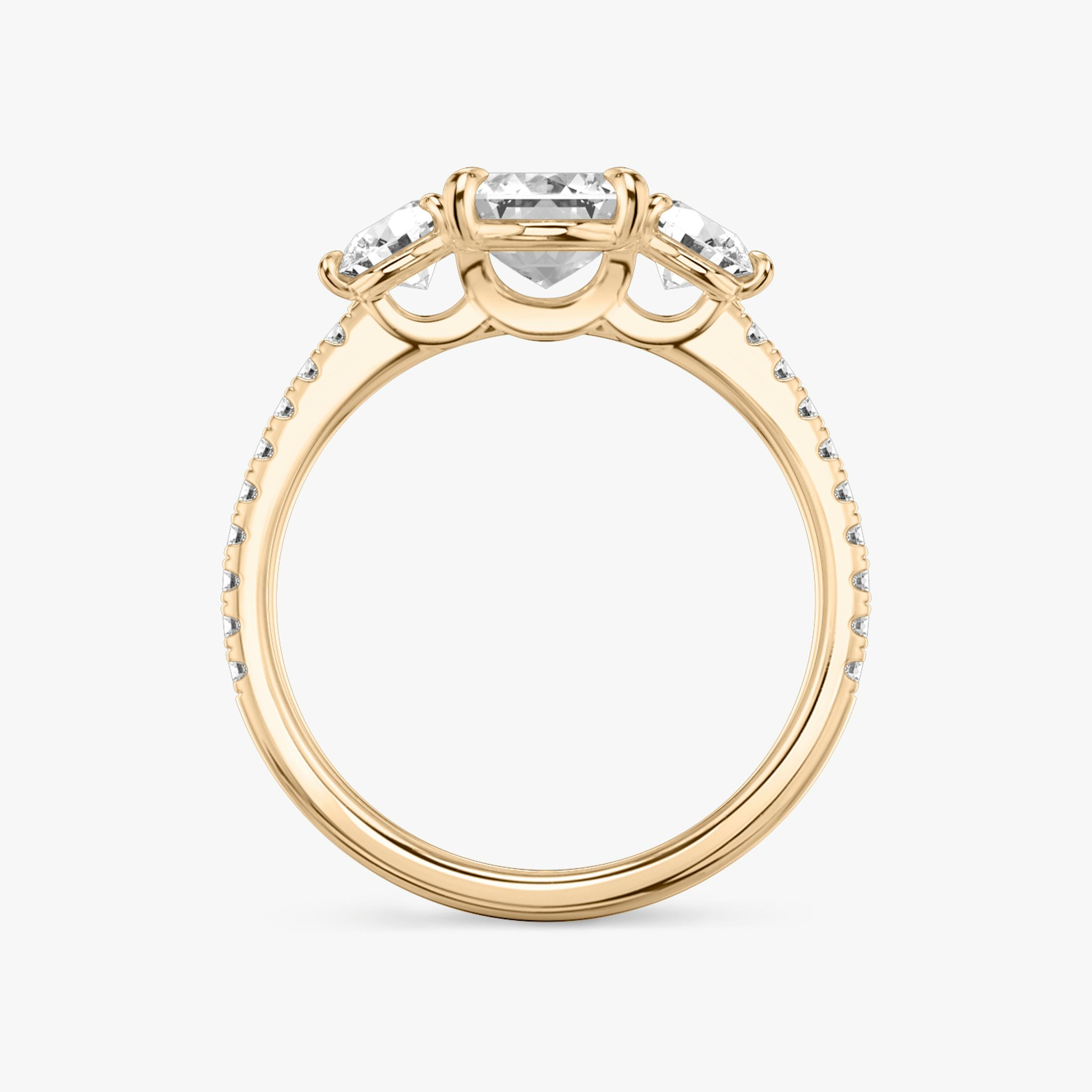The Three Stone | Emerald | 14k | Rose Gold | bandAccent: Pavé | sideStoneCarat: 0.25ct | sideStoneShape: Round Brilliant | diamondOrientation: vertical | caratWeight: other