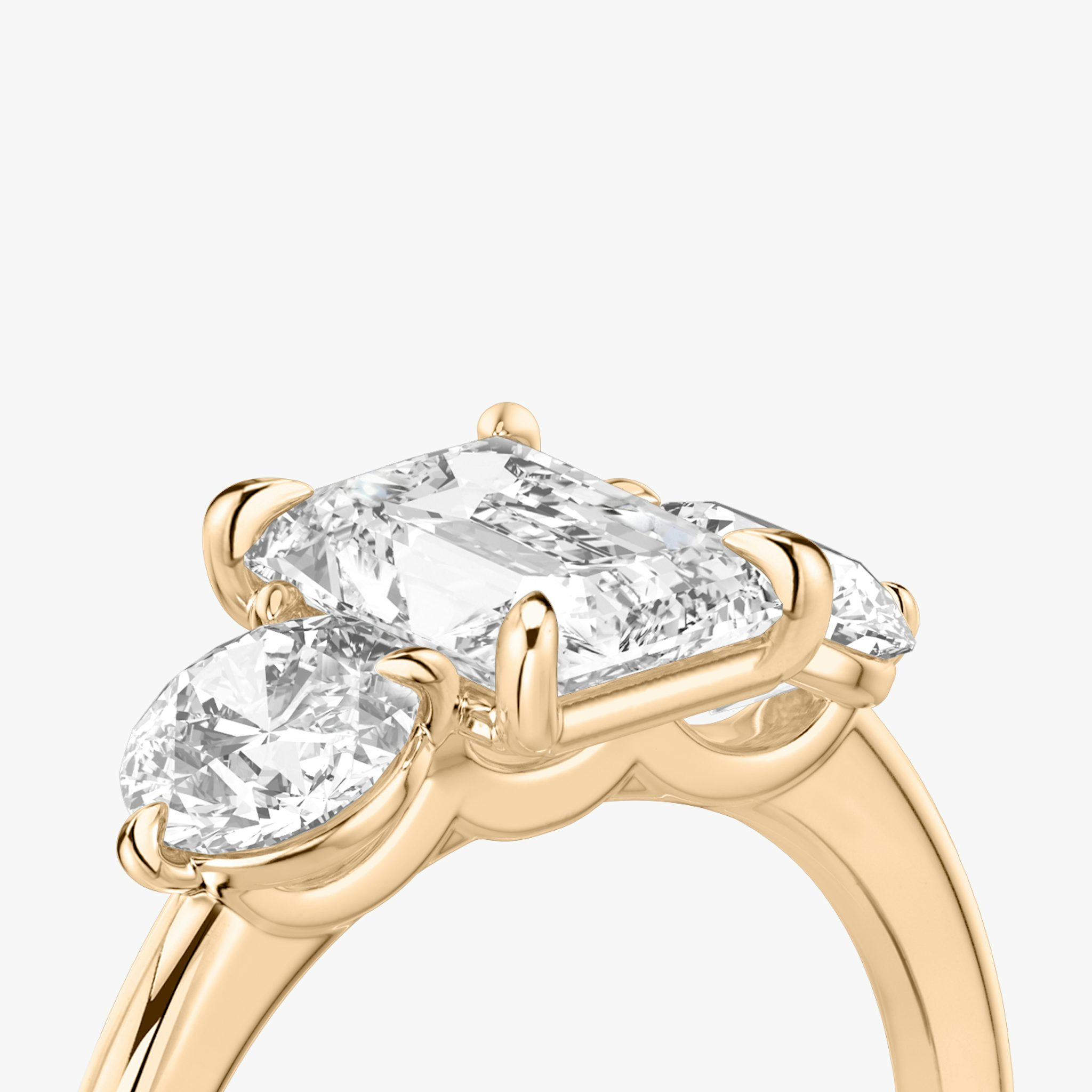 The Three Stone | Radiant | 14k | Rose Gold | bandAccent: Plain | sideStoneCarat: 0.50ct | sideStoneShape: Round Brilliant | diamondOrientation: vertical | caratWeight: other
