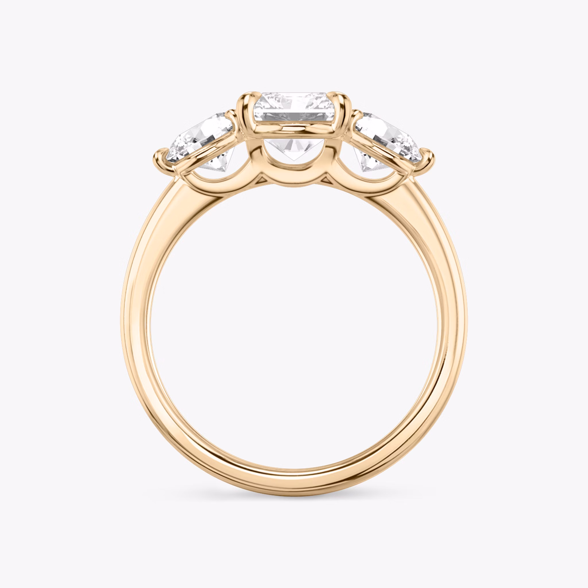 The Three Stone | Radiant | 14k | Rose Gold | bandAccent: Plain | sideStoneCarat: 0.50ct | sideStoneShape: Round Brilliant | diamondOrientation: vertical | caratWeight: other