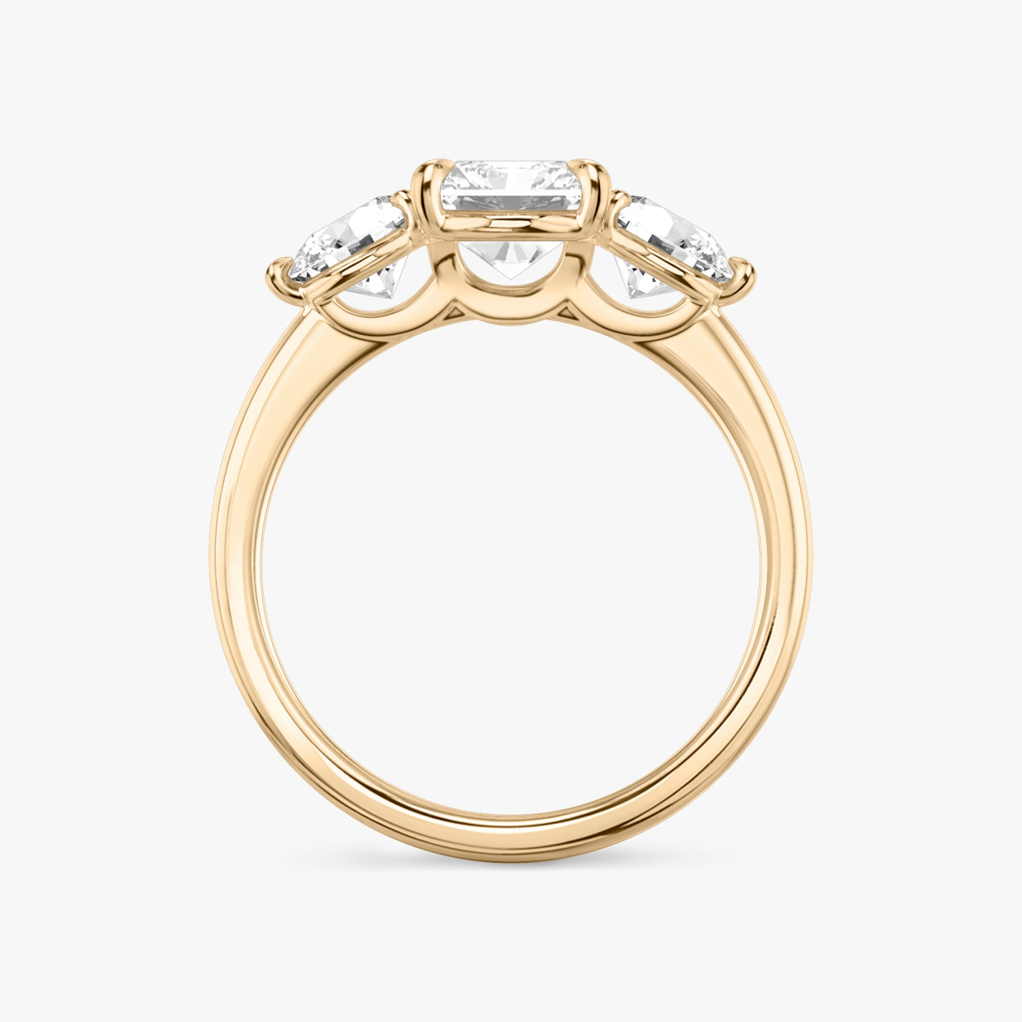 The Three Stone | Radiant | 14k | Rose Gold | bandAccent: Plain | sideStoneCarat: 0.50ct | sideStoneShape: Round Brilliant | diamondOrientation: vertical | caratWeight: other