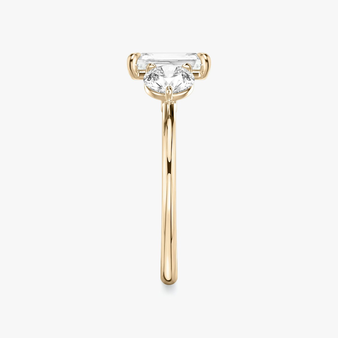 The Three Stone | Radiant | 14k | Rose Gold | bandAccent: Plain | sideStoneCarat: 0.50ct | sideStoneShape: Round Brilliant | diamondOrientation: vertical | caratWeight: other