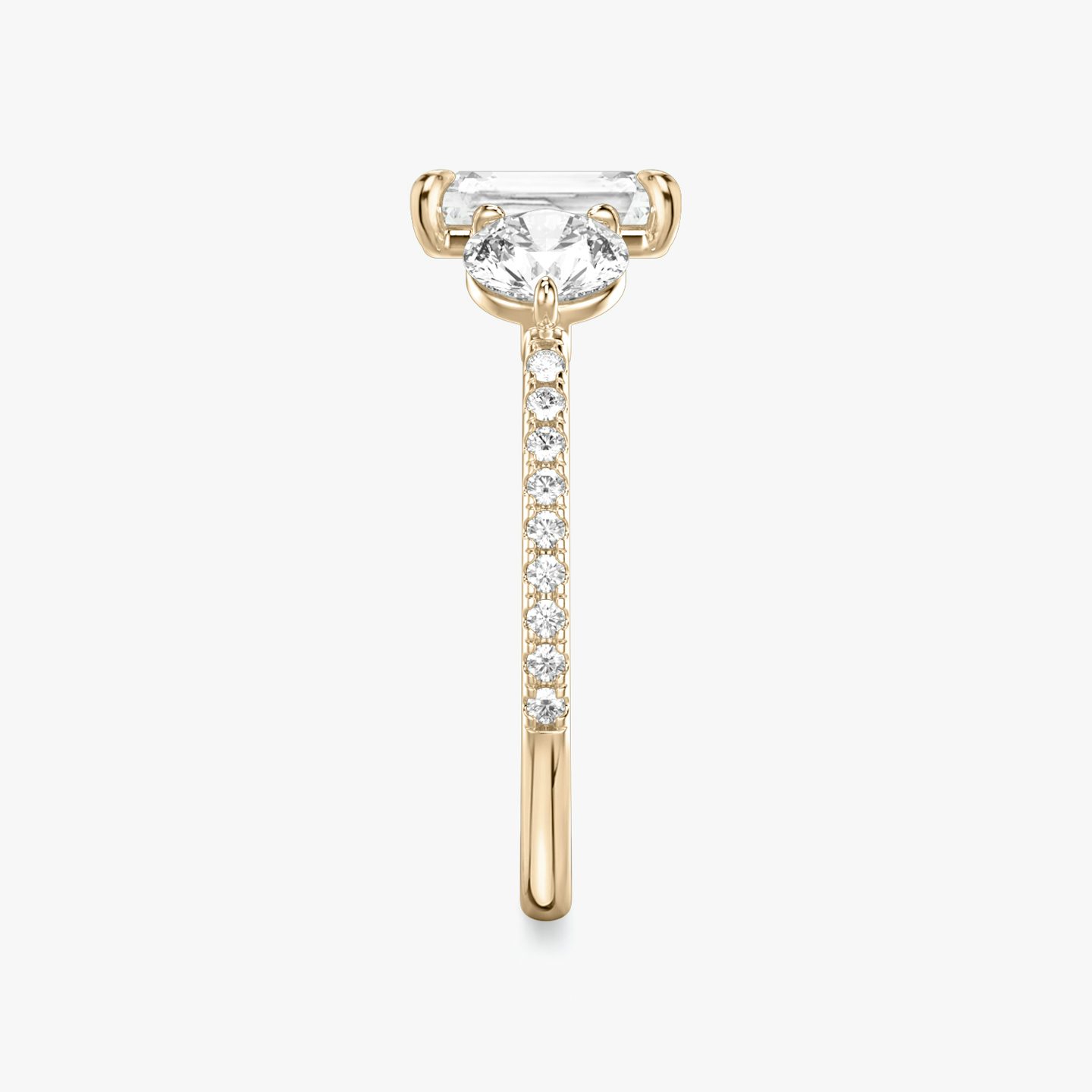 The Three Stone | Radiant | 14k | Rose Gold | bandAccent: Pavé | sideStoneCarat: 0.50ct | sideStoneShape: Round Brilliant | diamondOrientation: vertical | caratWeight: other