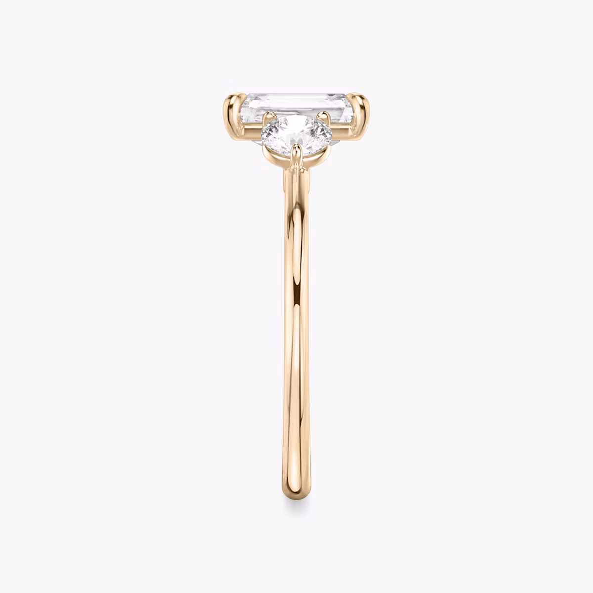 The Three Stone | Radiant | 14k | Rose Gold | bandAccent: Plain | sideStoneCarat: 0.25ct | sideStoneShape: Round Brilliant | diamondOrientation: vertical | caratWeight: other