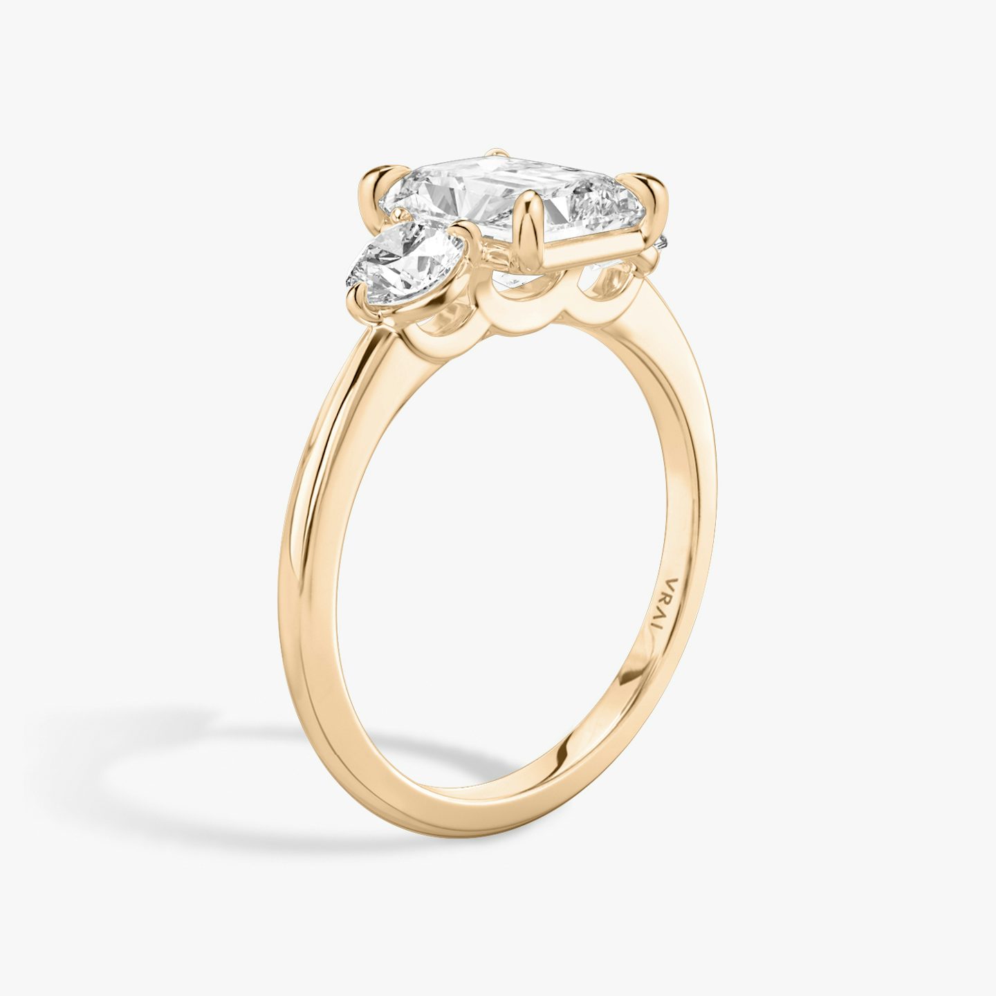 The Three Stone | Radiant | 14k | Rose Gold | bandAccent: Plain | sideStoneCarat: 0.25ct | sideStoneShape: Round Brilliant | diamondOrientation: vertical | caratWeight: other