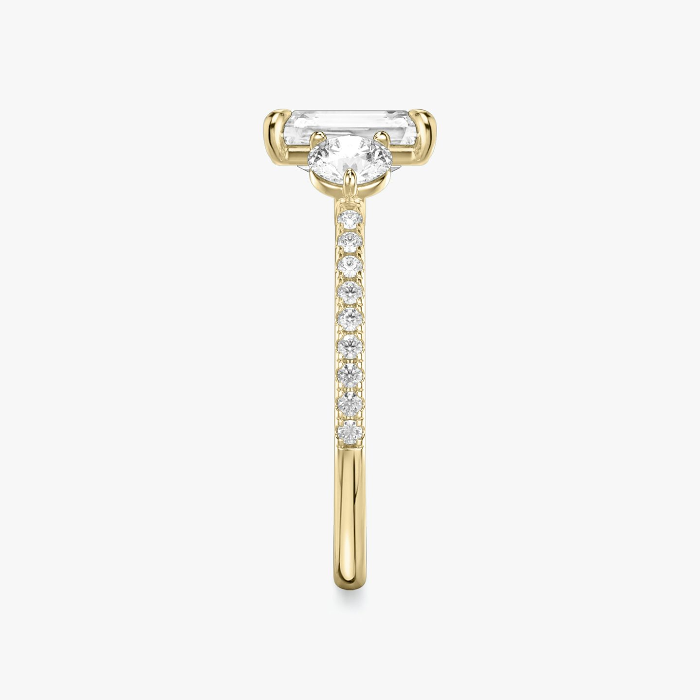 The Three Stone | Radiant | 18k | Yellow Gold | bandAccent: Pavé | sideStoneCarat: 0.25ct | sideStoneShape: Round Brilliant | diamondOrientation: vertical | caratWeight: other