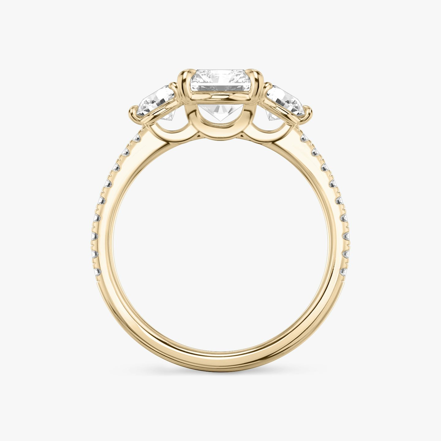 The Three Stone | Radiant | 14k | Rose Gold | bandAccent: Pavé | sideStoneCarat: 0.25ct | sideStoneShape: Round Brilliant | diamondOrientation: vertical | caratWeight: other