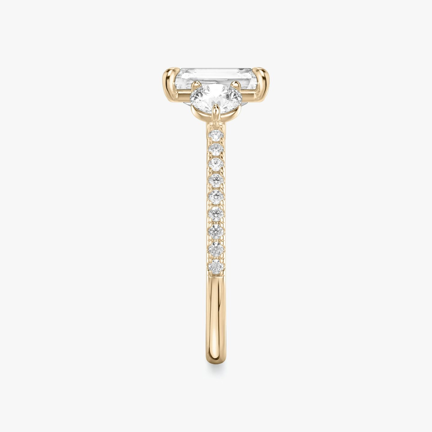The Three Stone | Radiant | 14k | Rose Gold | bandAccent: Pavé | sideStoneCarat: 0.25ct | sideStoneShape: Round Brilliant | diamondOrientation: vertical | caratWeight: other