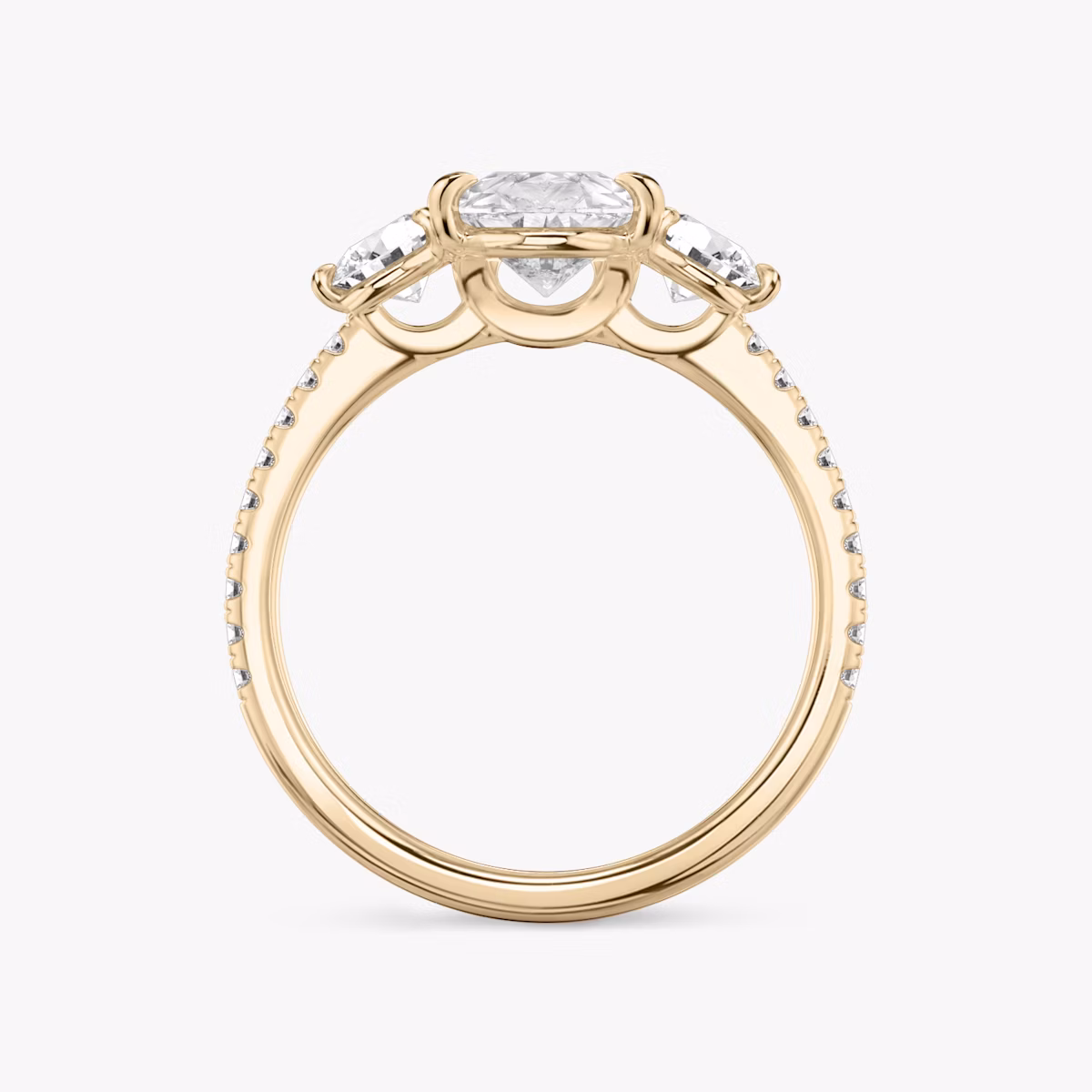 The Three Stone | Pear | 14k | Rose Gold | bandAccent: Pavé | sideStoneCarat: 0.25ct | sideStoneShape: Round Brilliant | diamondOrientation: vertical | caratWeight: other