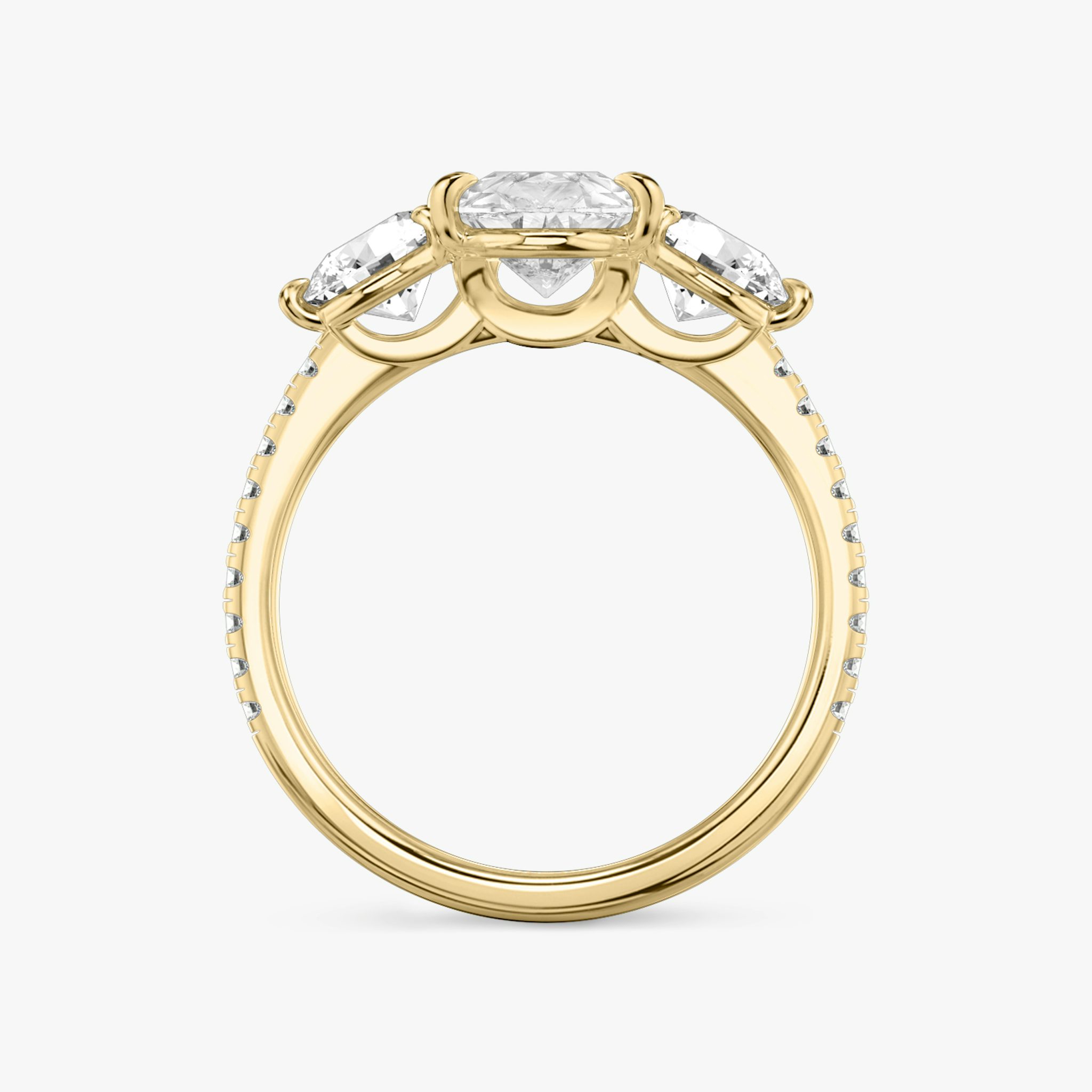 The Three Stone | Pear | 18k | Yellow Gold | bandAccent: Pavé | sideStoneCarat: 0.50ct | sideStoneShape: Round Brilliant | diamondOrientation: vertical | caratWeight: other