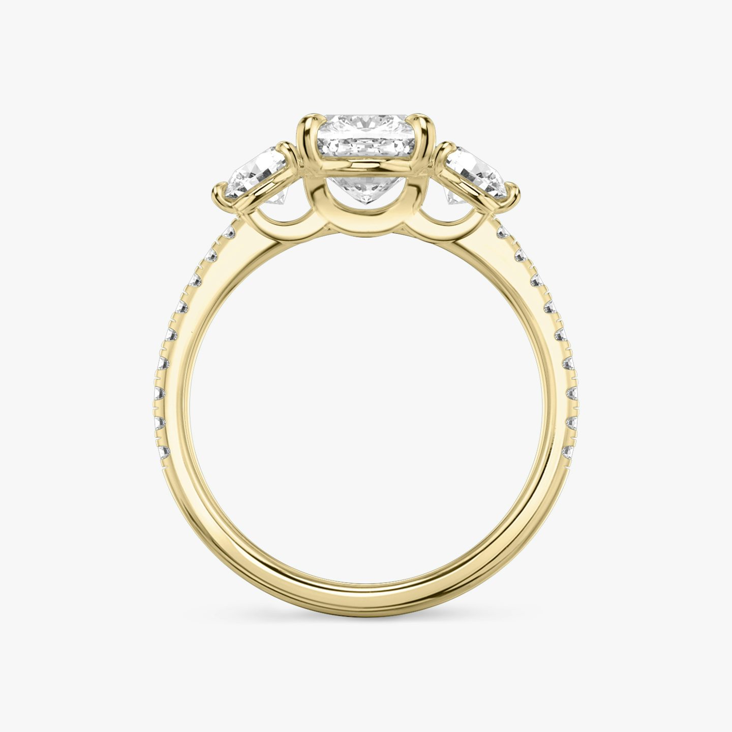 The Three Stone | Cushion | 18k | Yellow Gold | bandAccent: Pavé | sideStoneCarat: 0.25ct | sideStoneShape: Round Brilliant | diamondOrientation: vertical | caratWeight: other