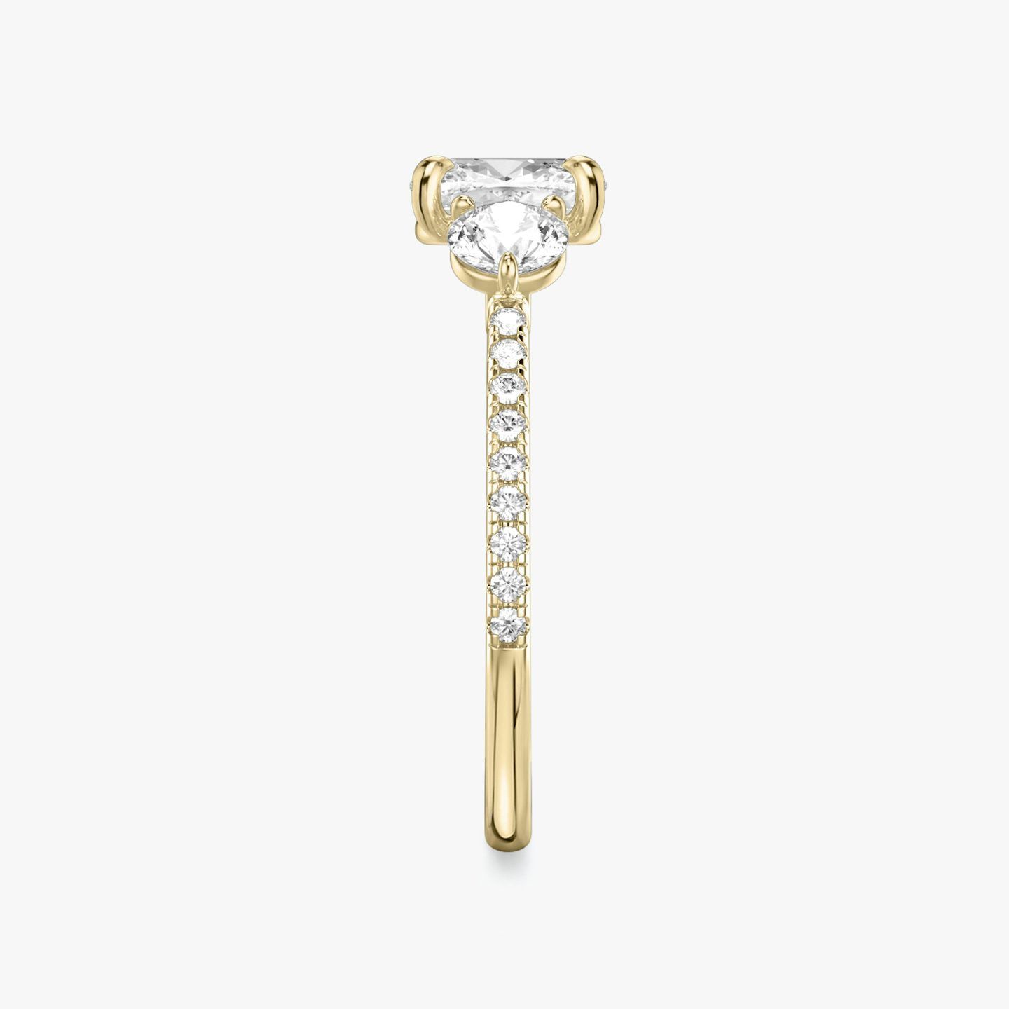 The Three Stone | Cushion | 18k | Yellow Gold | bandAccent: Pavé | sideStoneCarat: 0.25ct | sideStoneShape: Round Brilliant | diamondOrientation: vertical | caratWeight: other