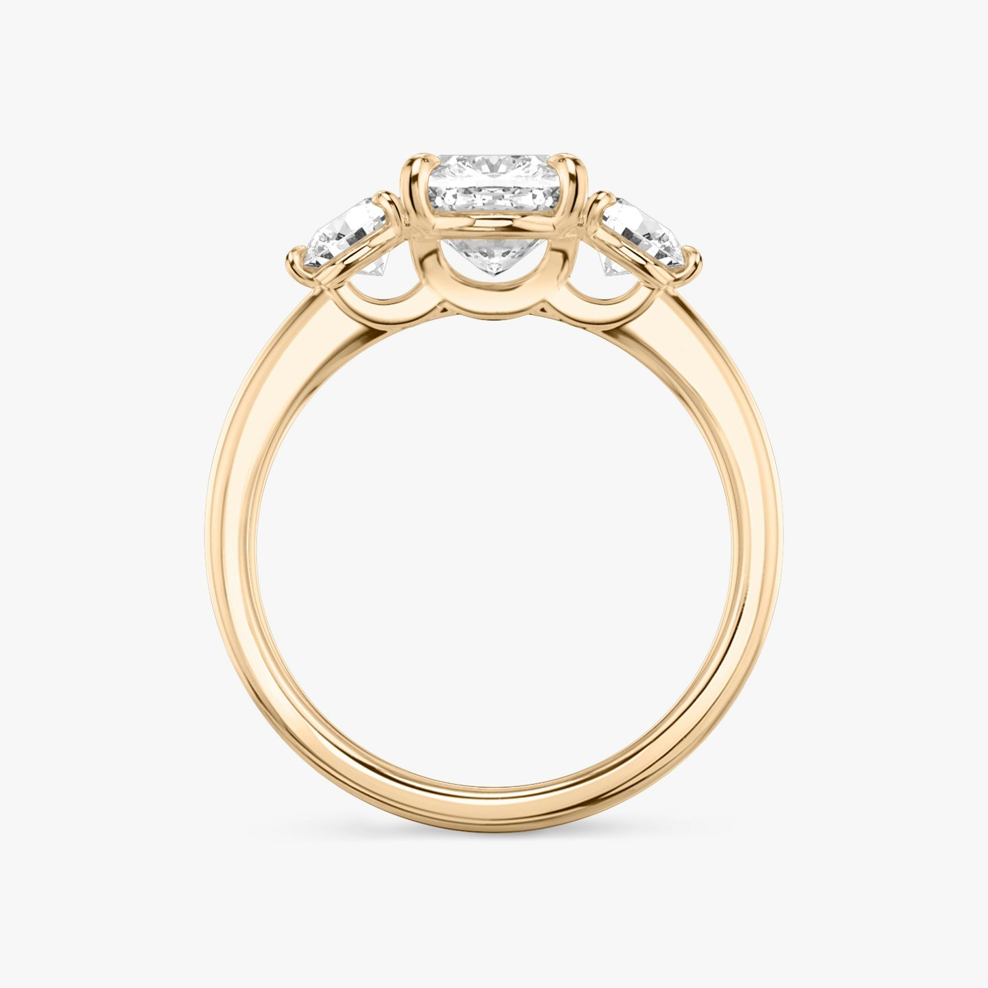 The Three Stone | Cushion | 14k | Rose Gold | bandAccent: Plain | sideStoneCarat: 0.25ct | sideStoneShape: Round Brilliant | diamondOrientation: vertical | caratWeight: other