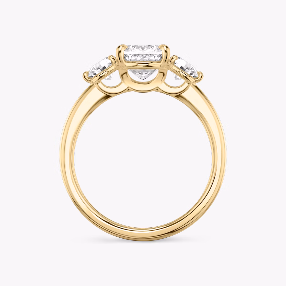 The Three Stone | Cushion | 18k | Yellow Gold | bandAccent: Plain | sideStoneCarat: 0.25ct | sideStoneShape: Round Brilliant | diamondOrientation: vertical | caratWeight: other