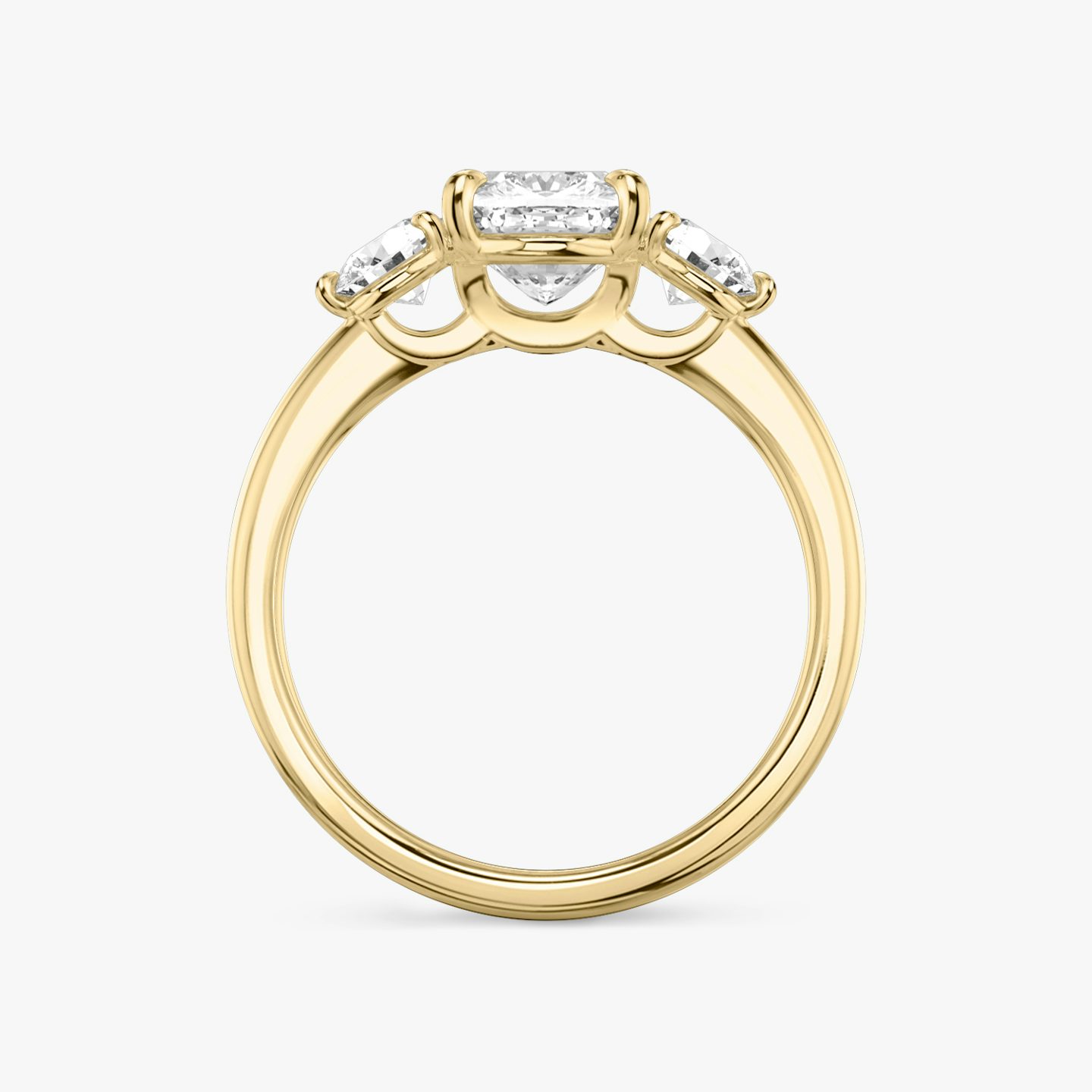 The Three Stone | Cushion | 18k | Yellow Gold | bandAccent: Plain | sideStoneCarat: 0.25ct | sideStoneShape: Round Brilliant | diamondOrientation: vertical | caratWeight: other