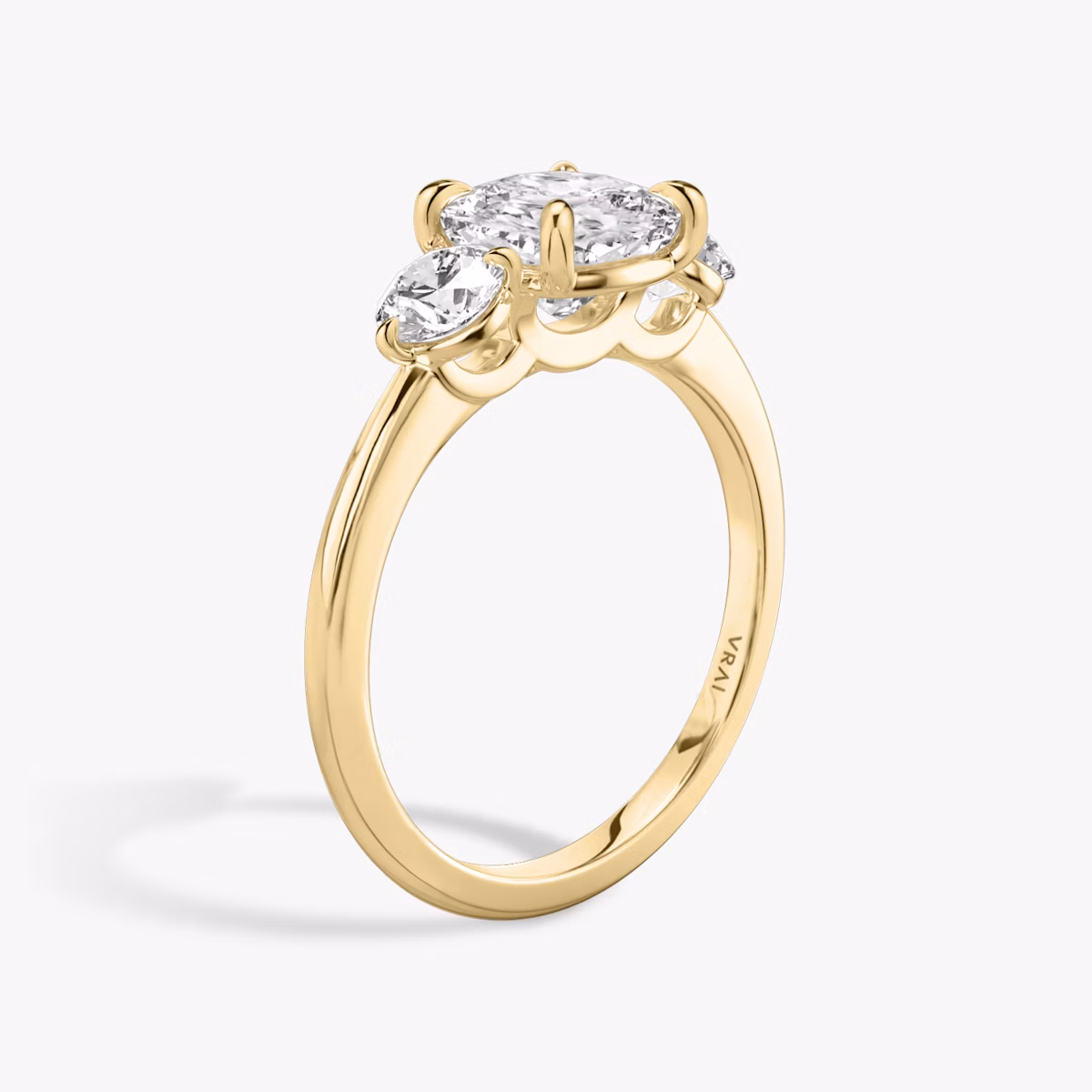 The Three Stone | Cushion | 18k | Yellow Gold | bandAccent: Plain | sideStoneCarat: 0.25ct | sideStoneShape: Round Brilliant | diamondOrientation: vertical | caratWeight: other