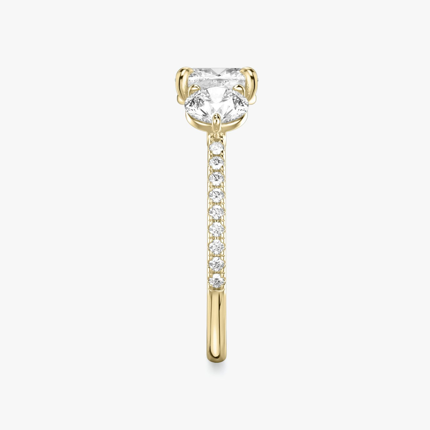 The Three Stone | Cushion | 18k | Yellow Gold | bandAccent: Pavé | sideStoneCarat: 0.50ct | sideStoneShape: Round Brilliant | diamondOrientation: vertical | caratWeight: other