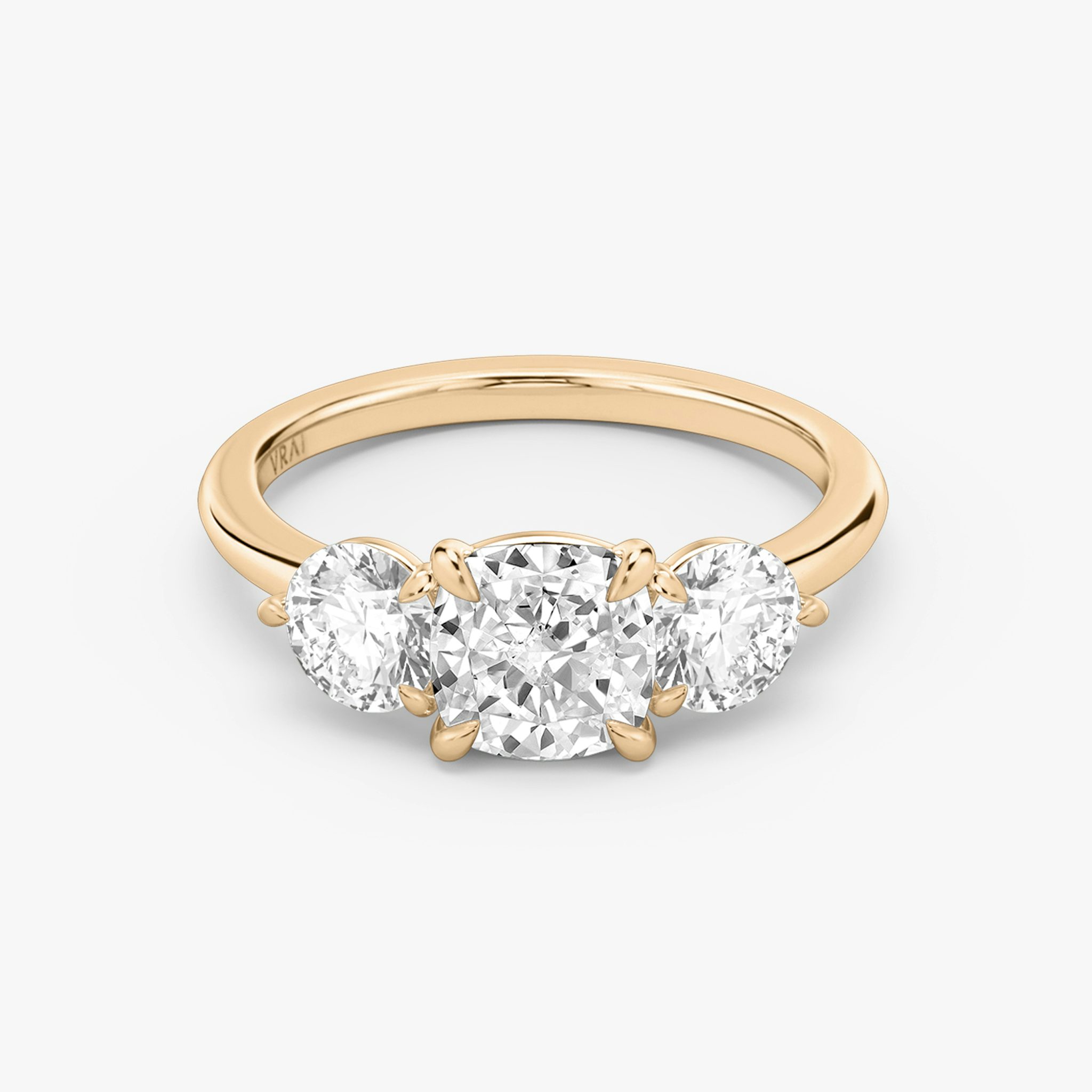 The Three Stone | Cushion | 14k | Rose Gold | bandAccent: Plain | sideStoneCarat: 0.50ct | sideStoneShape: Round Brilliant | diamondOrientation: vertical | caratWeight: other