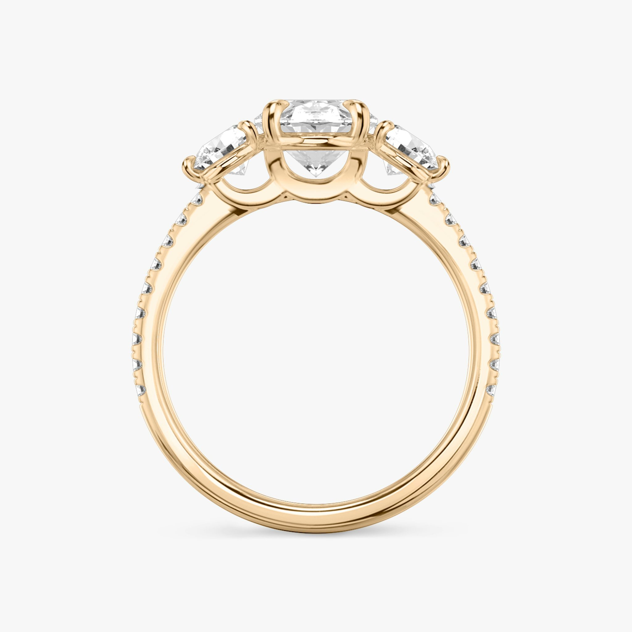 The Three Stone | Oval | 14k | Rose Gold | bandAccent: Pavé | sideStoneCarat: 0.25ct | sideStoneShape: Round Brilliant | diamondOrientation: vertical | caratWeight: other
