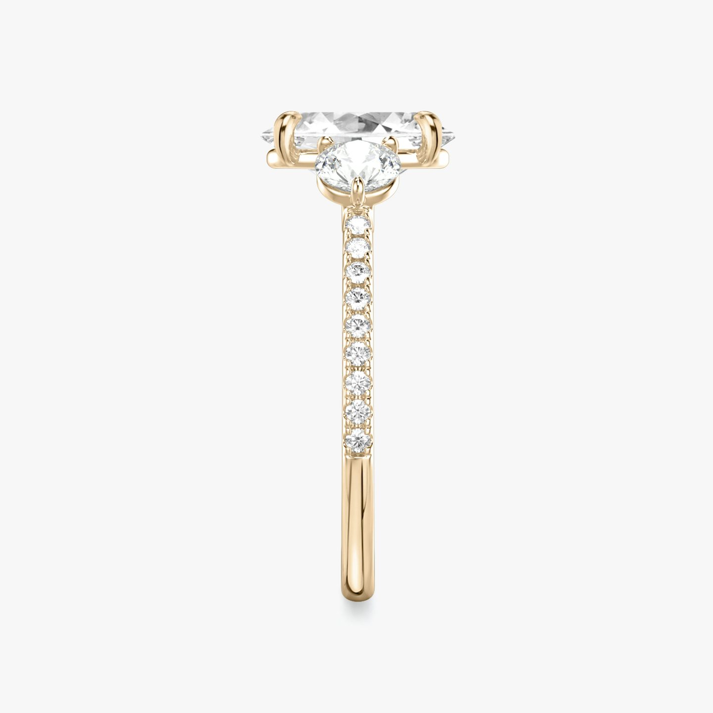 The Three Stone | Oval | 14k | Rose Gold | bandAccent: Pavé | sideStoneCarat: 0.25ct | sideStoneShape: Round Brilliant | diamondOrientation: vertical | caratWeight: other