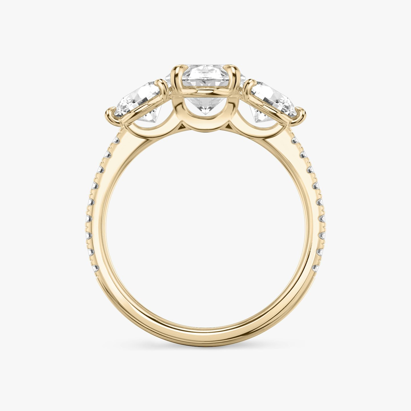 The Three Stone | Oval | 14k | Rose Gold | bandAccent: Pavé | sideStoneCarat: 0.50ct | sideStoneShape: Round Brilliant | diamondOrientation: vertical | caratWeight: other