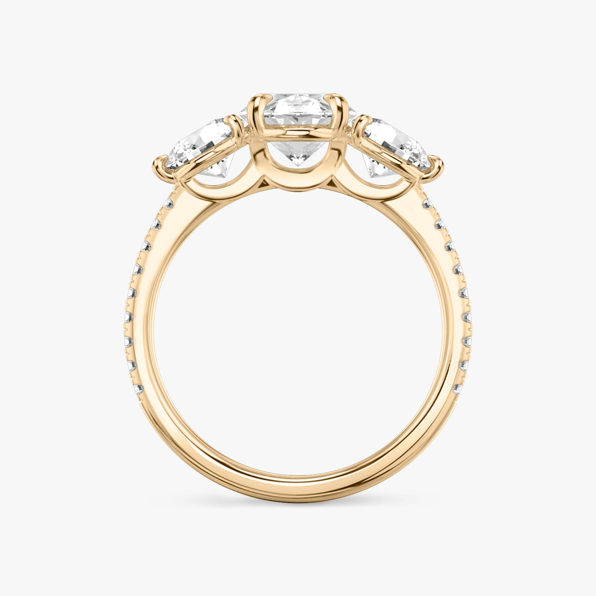 The Three Stone | Oval | 14k | Rose Gold | bandAccent: Pavé | sideStoneCarat: 0.50ct | sideStoneShape: Round Brilliant | diamondOrientation: vertical | caratWeight: other