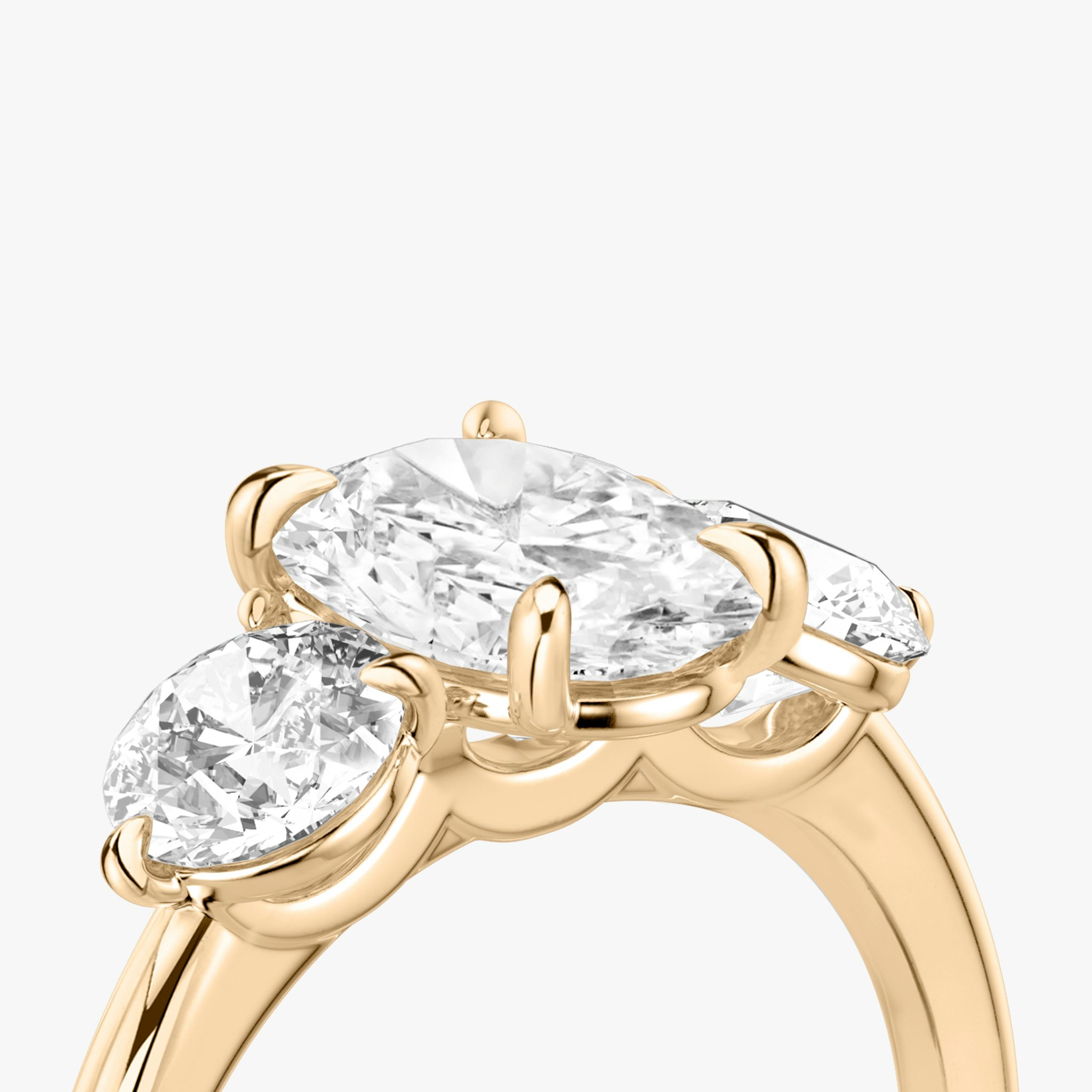 The Three Stone | Oval | 14k | Rose Gold | bandAccent: Plain | sideStoneCarat: 0.50ct | sideStoneShape: Round Brilliant | diamondOrientation: vertical | caratWeight: other