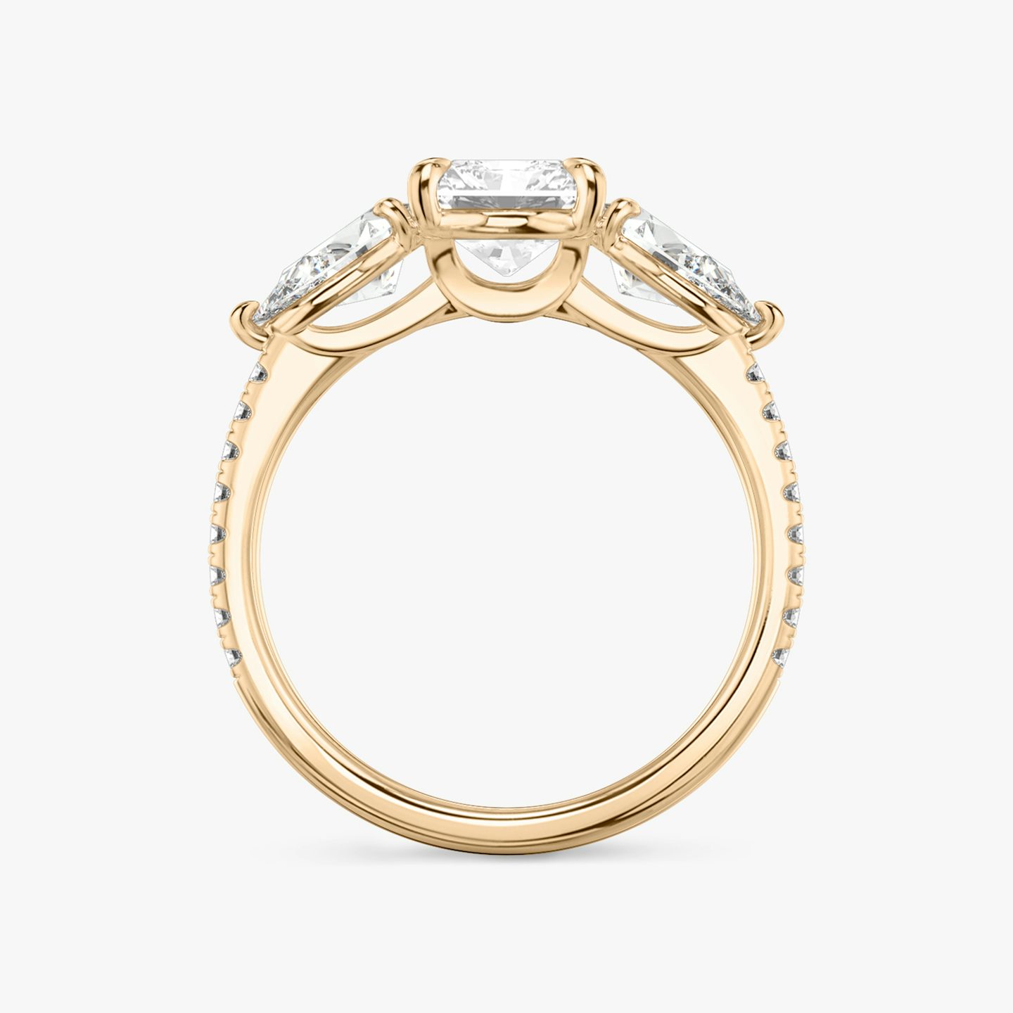 The Three Stone | Radiant | 14k | Rose Gold | bandAccent: Pavé | sideStoneCarat: 0.50ct | sideStoneShape: Pear | diamondOrientation: vertical | caratWeight: other