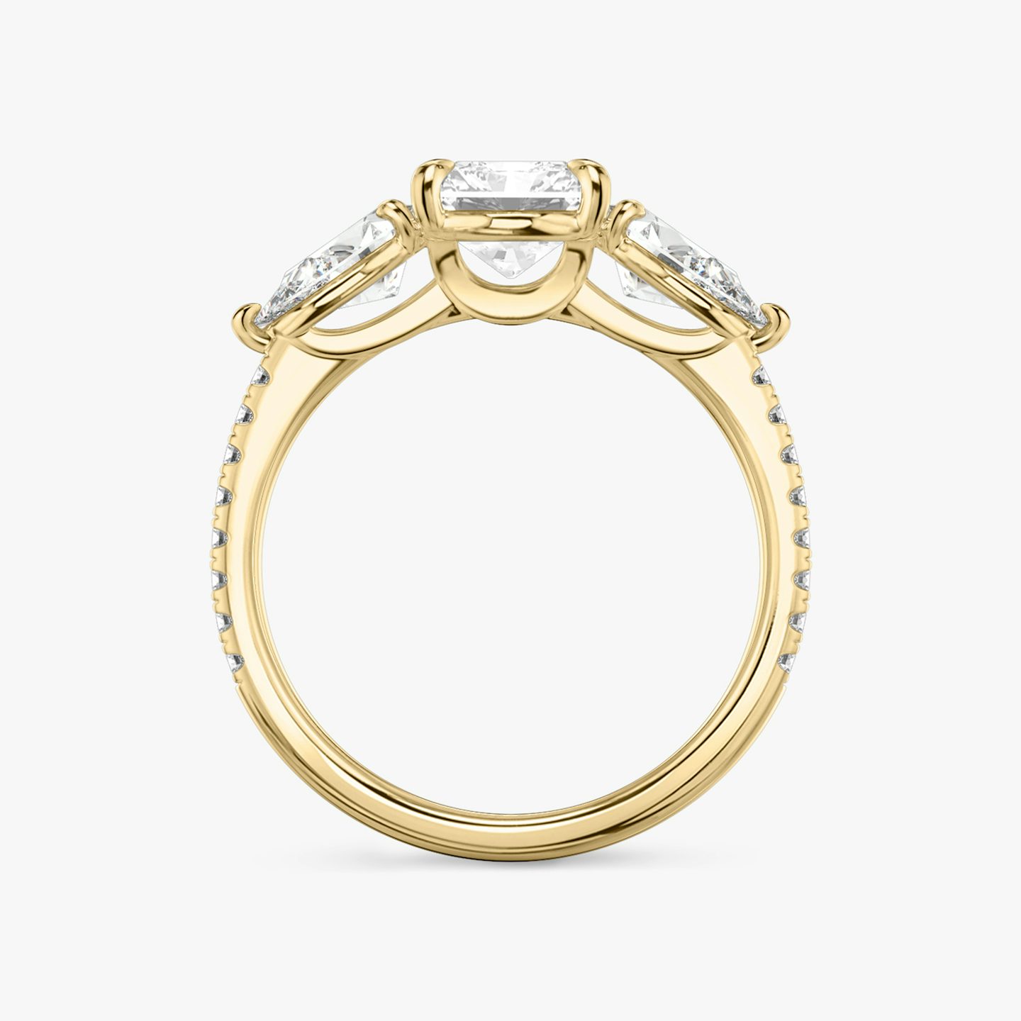 The Three Stone | Radiant | 18k | Yellow Gold | bandAccent: Pavé | sideStoneCarat: 0.50ct | sideStoneShape: Pear | diamondOrientation: vertical | caratWeight: other