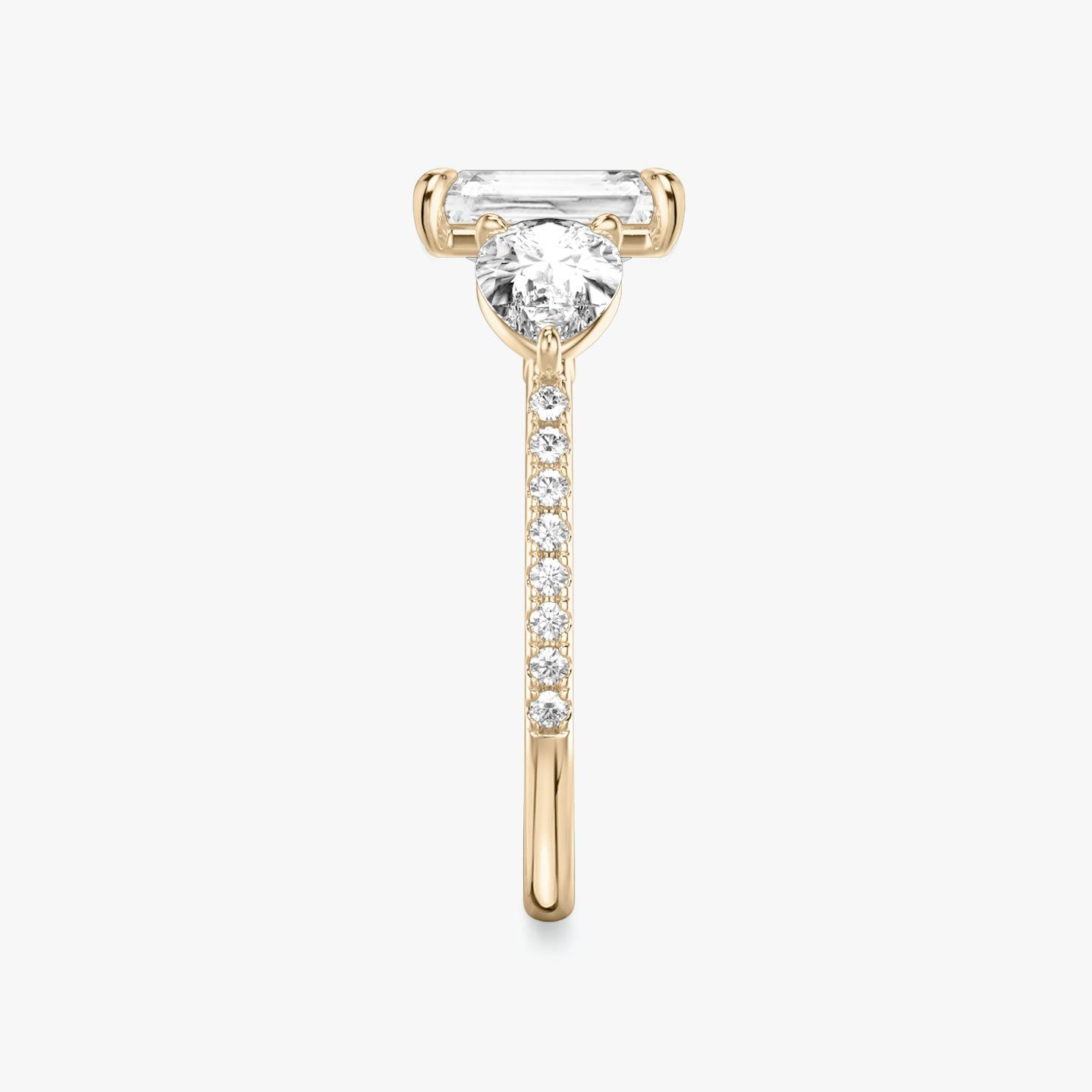 The Three Stone | Radiant | 14k | Rose Gold | bandAccent: Pavé | sideStoneCarat: 0.50ct | sideStoneShape: Pear | diamondOrientation: vertical | caratWeight: other