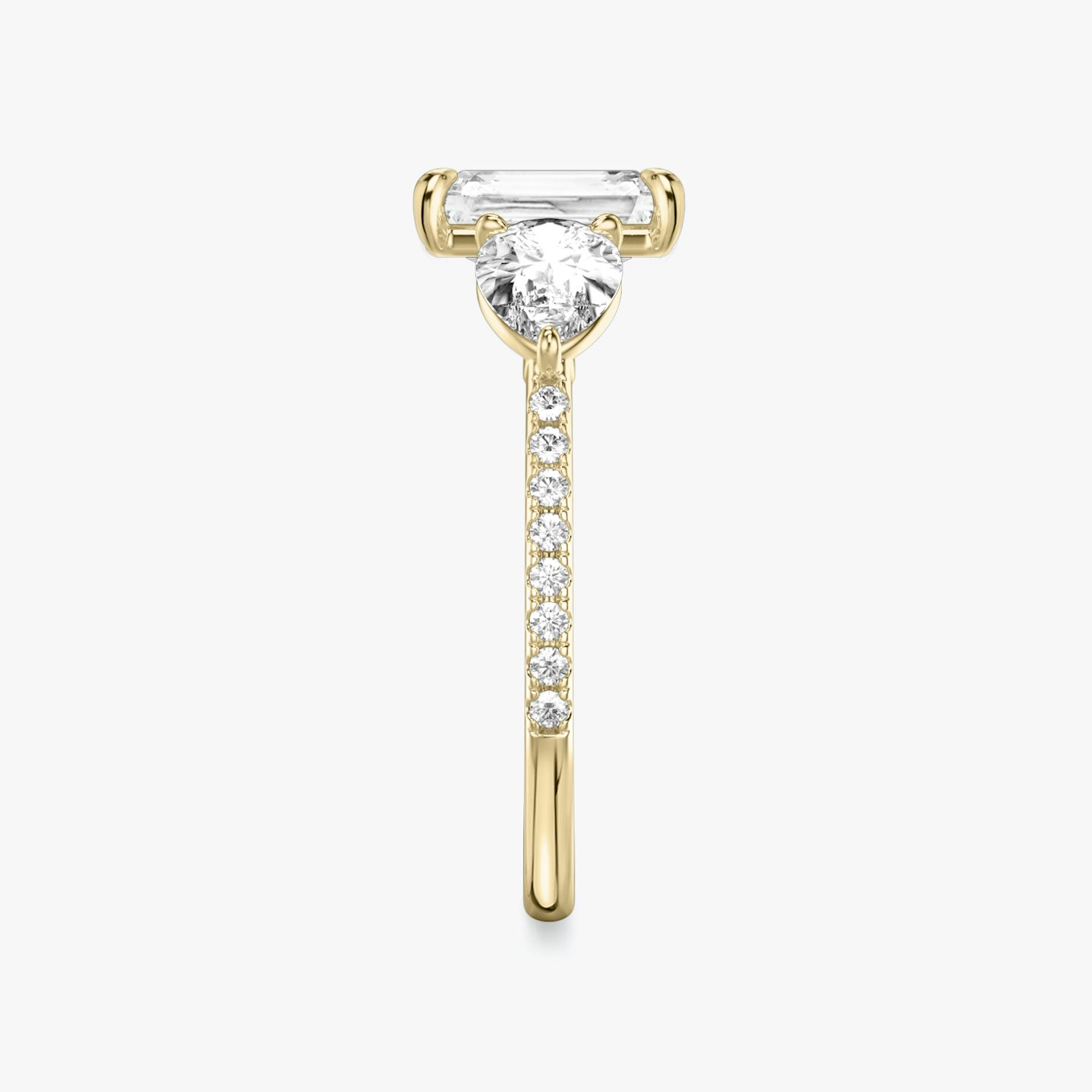 The Three Stone | Radiant | 18k | Yellow Gold | bandAccent: Pavé | sideStoneCarat: 0.50ct | sideStoneShape: Pear | diamondOrientation: vertical | caratWeight: other