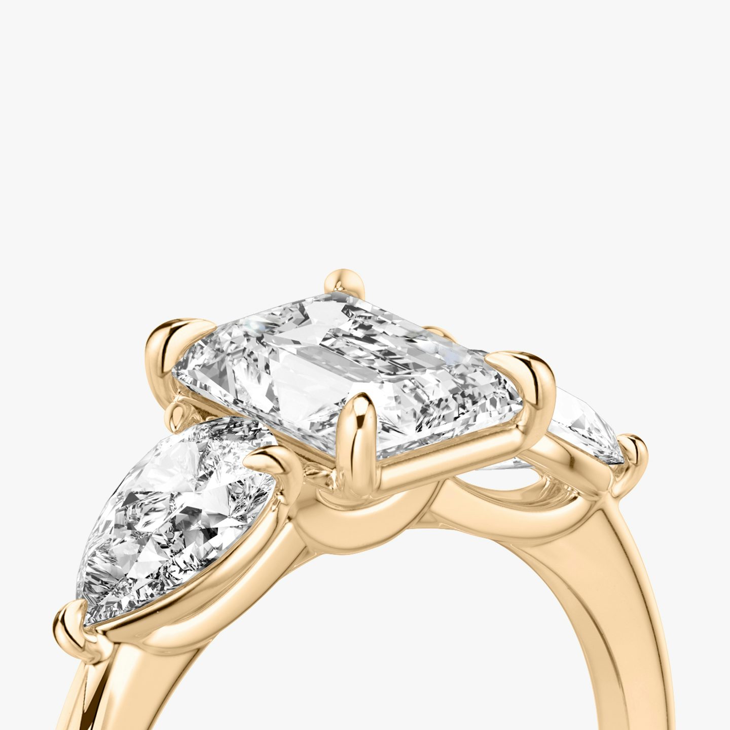 The Three Stone | Radiant | 14k | Rose Gold | bandAccent: Plain | sideStoneCarat: 0.50ct | sideStoneShape: Pear | diamondOrientation: vertical | caratWeight: other