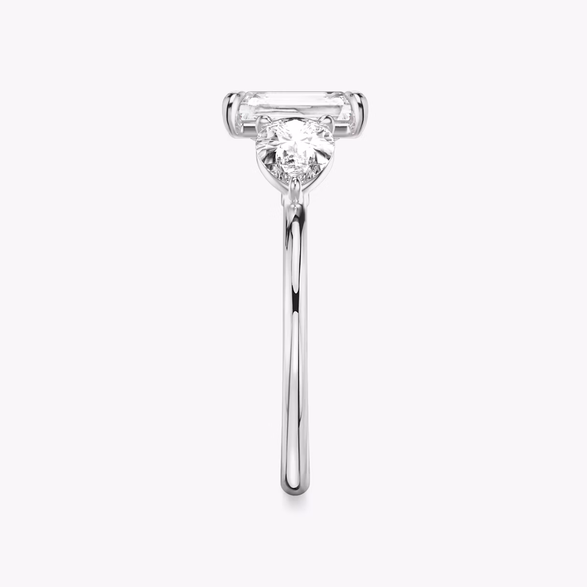The Three Stone | Radiant | 18k | White Gold | bandAccent: Plain | sideStoneCarat: 0.50ct | sideStoneShape: Pear | diamondOrientation: vertical | caratWeight: other