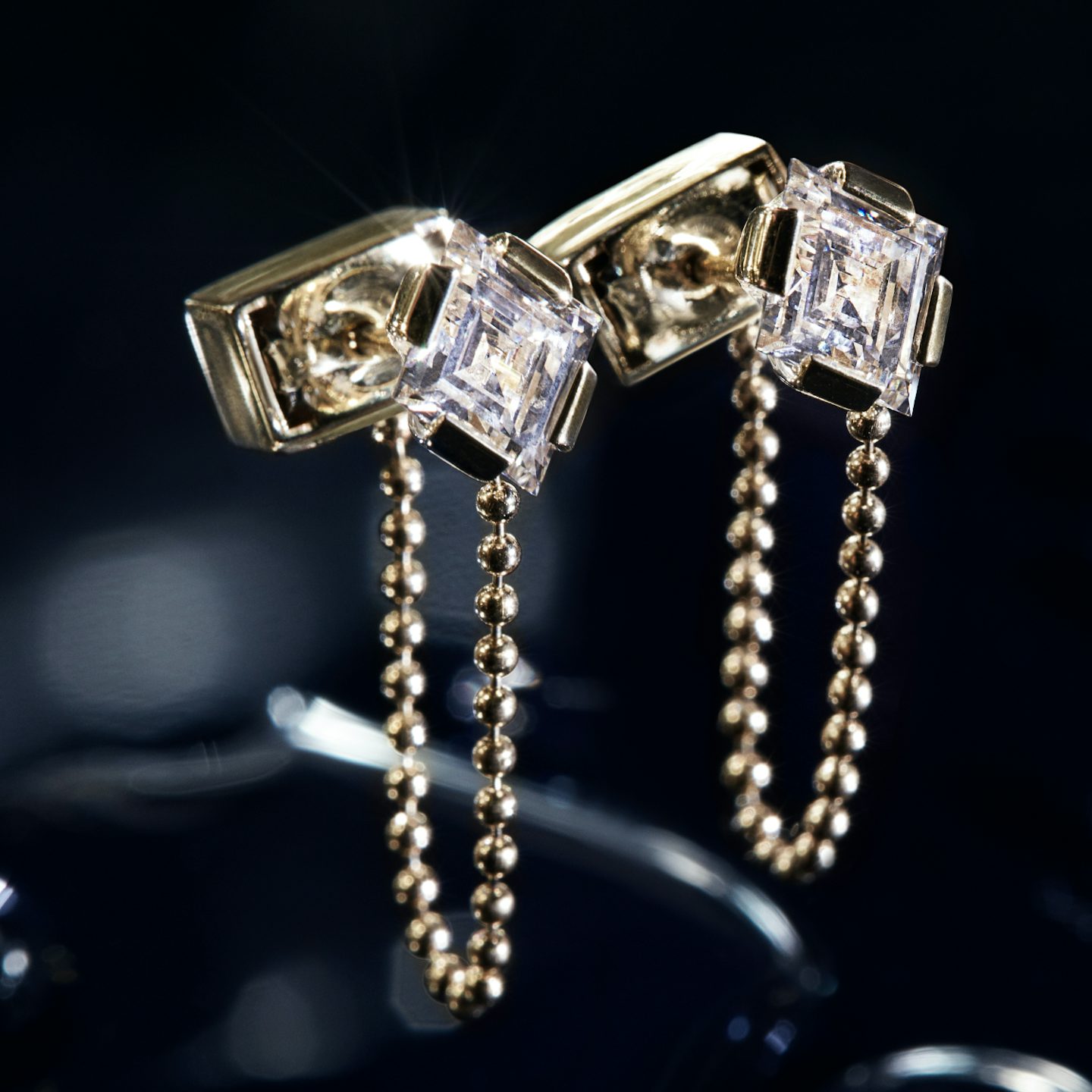Connected Earring | lozenge+round-brilliant | 14k | Yellow Gold
