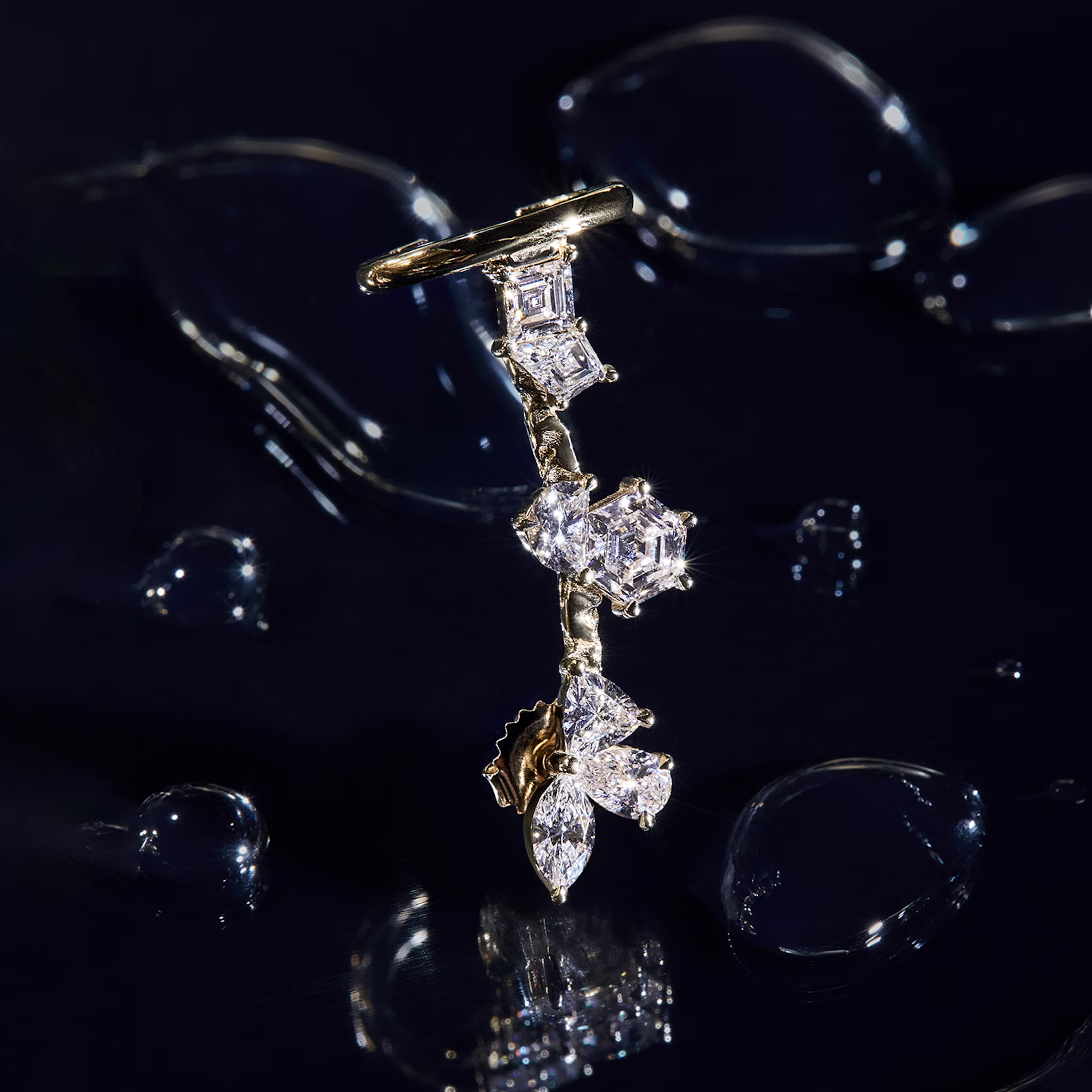 Unity Ear Climber | trillion+pear+marquise+half-moon+lozenge+kite+hexagon | 14k | Yellow Gold | side: left