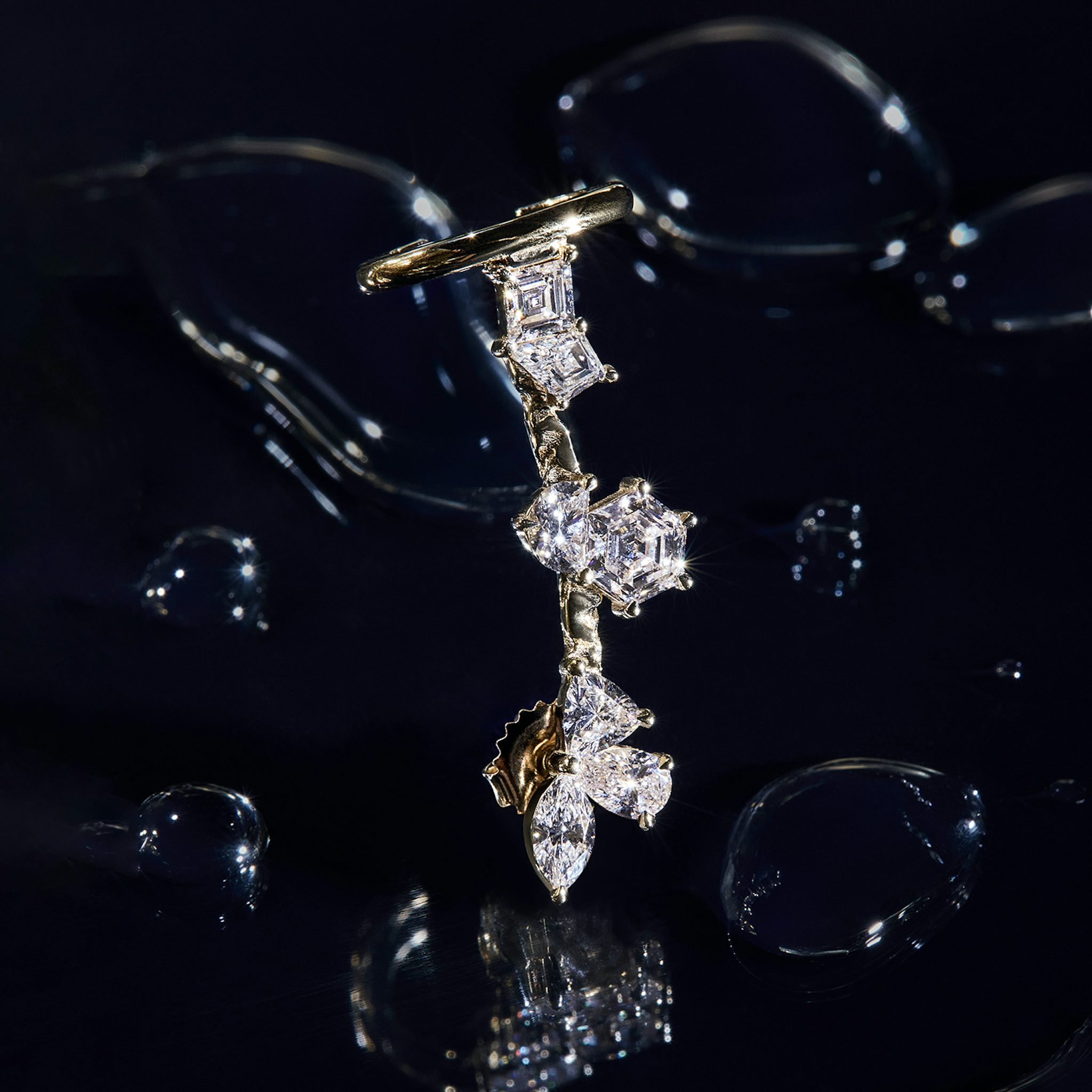 Unity Ear Climber | trillion+pear+marquise+half-moon+lozenge+kite+hexagon | 14k | Yellow Gold | side: left