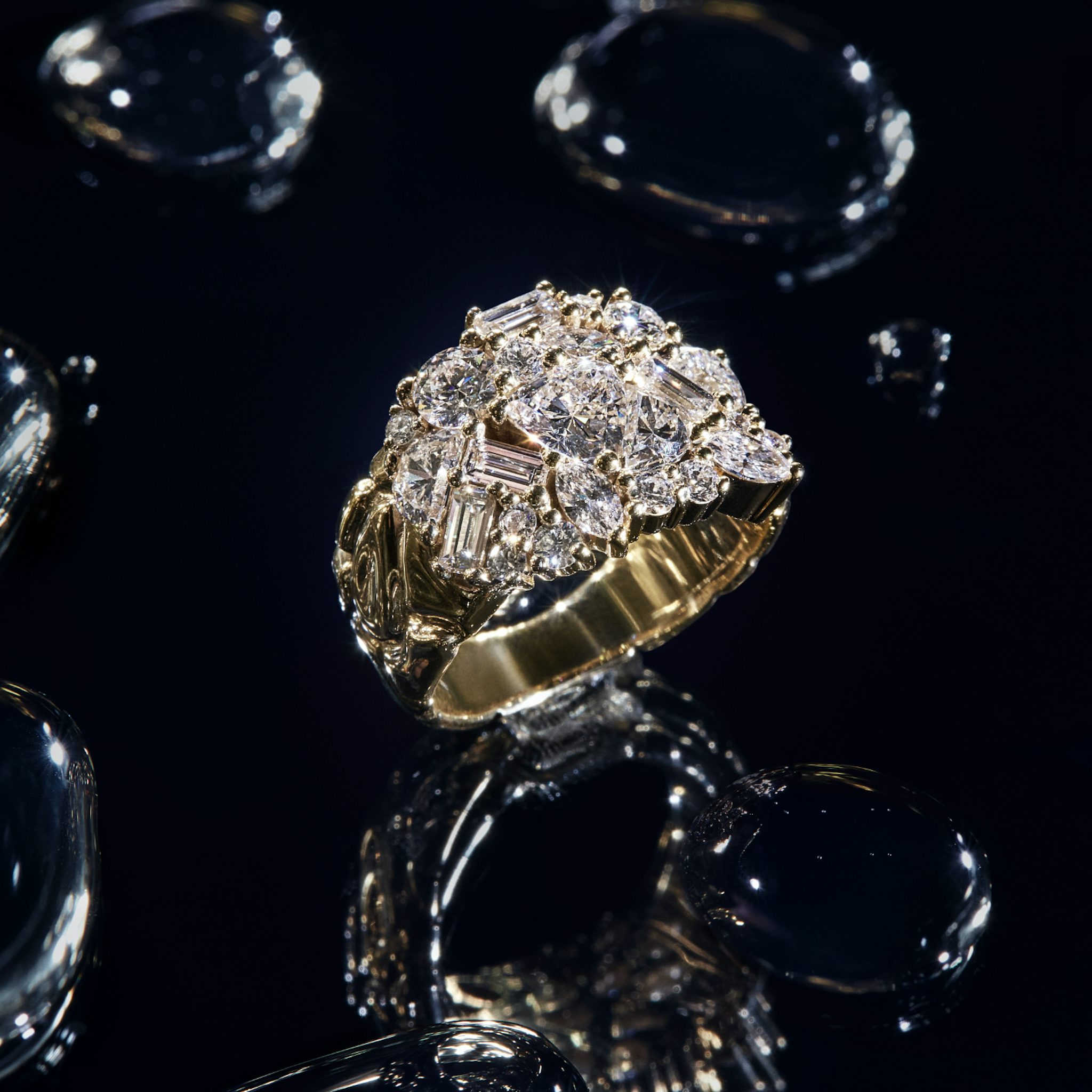 Unity Ring | trillion+half-moon+round-brilliant+marquise+baguette | 14k | Yellow Gold