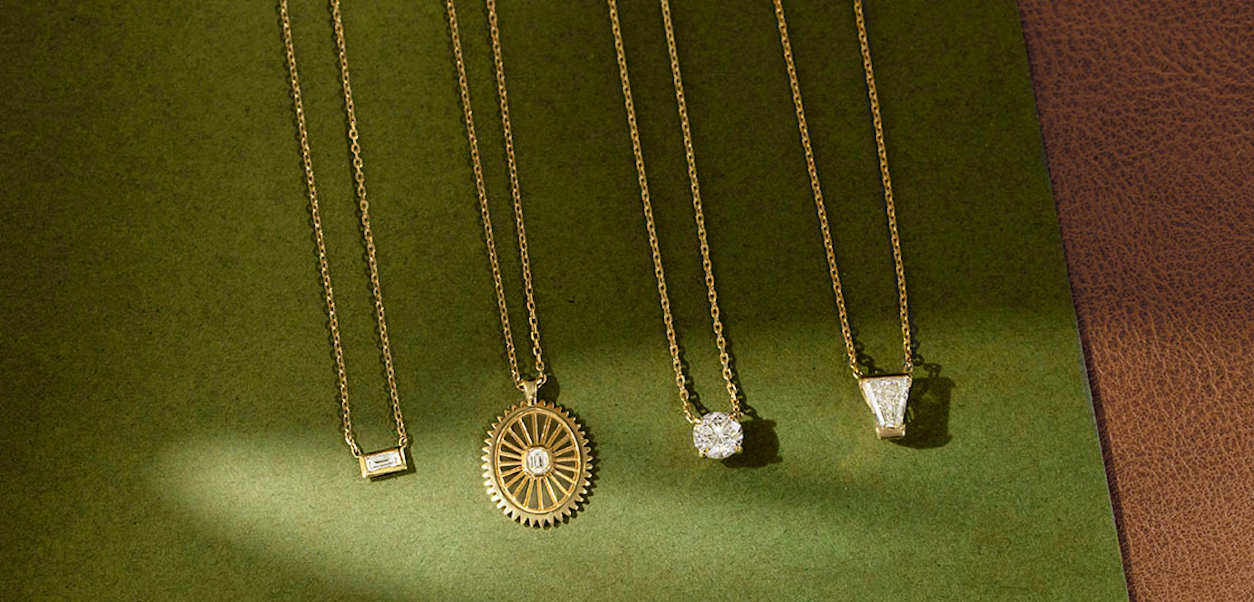 Baguette necklace, Medallion, Round Solitaire necklace, Keystone necklace