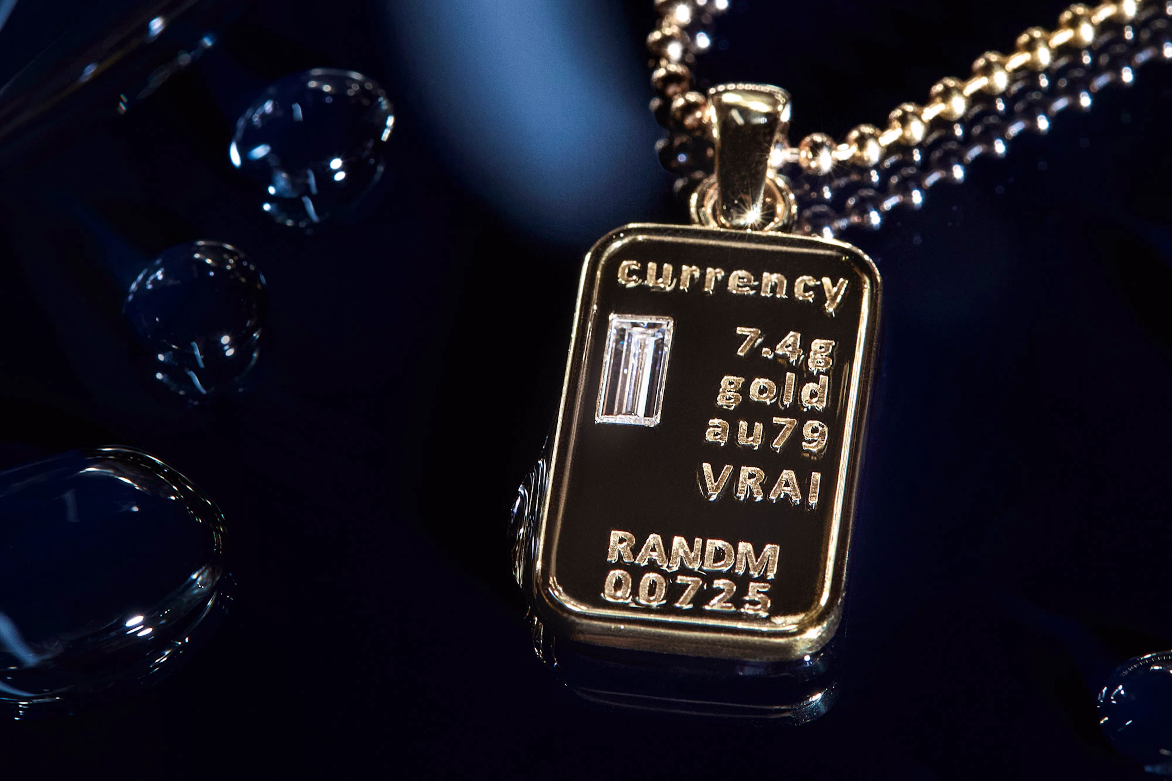 RandM yellow gold currency necklace with lab-grown diamond