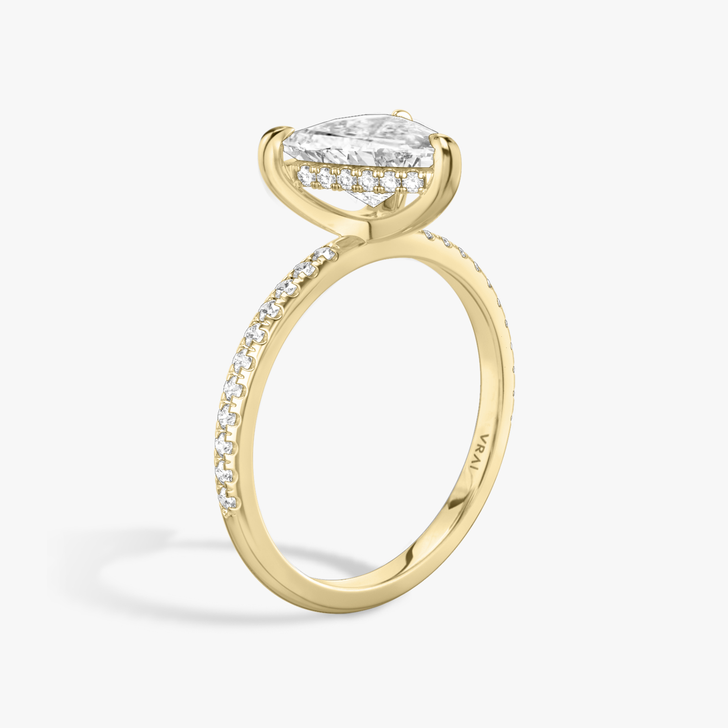The Classic Hidden Halo Trillion Engagement Ring in Yellow Gold | Standard Pavé Band with Plain Prongs
