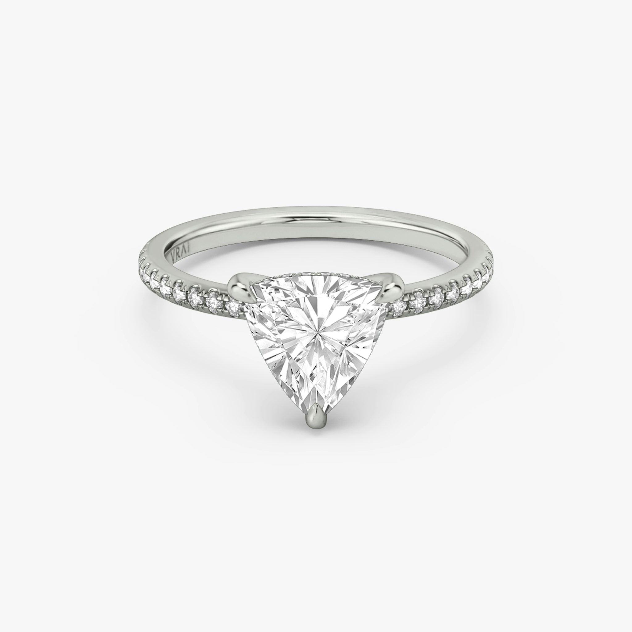 The Classic Hidden Halo | Trillion | 18k | White Gold | bandAccent: Pavé | bandWidth: standard | prongStyle: Plain | diamondOrientation: vertical | caratWeight: other