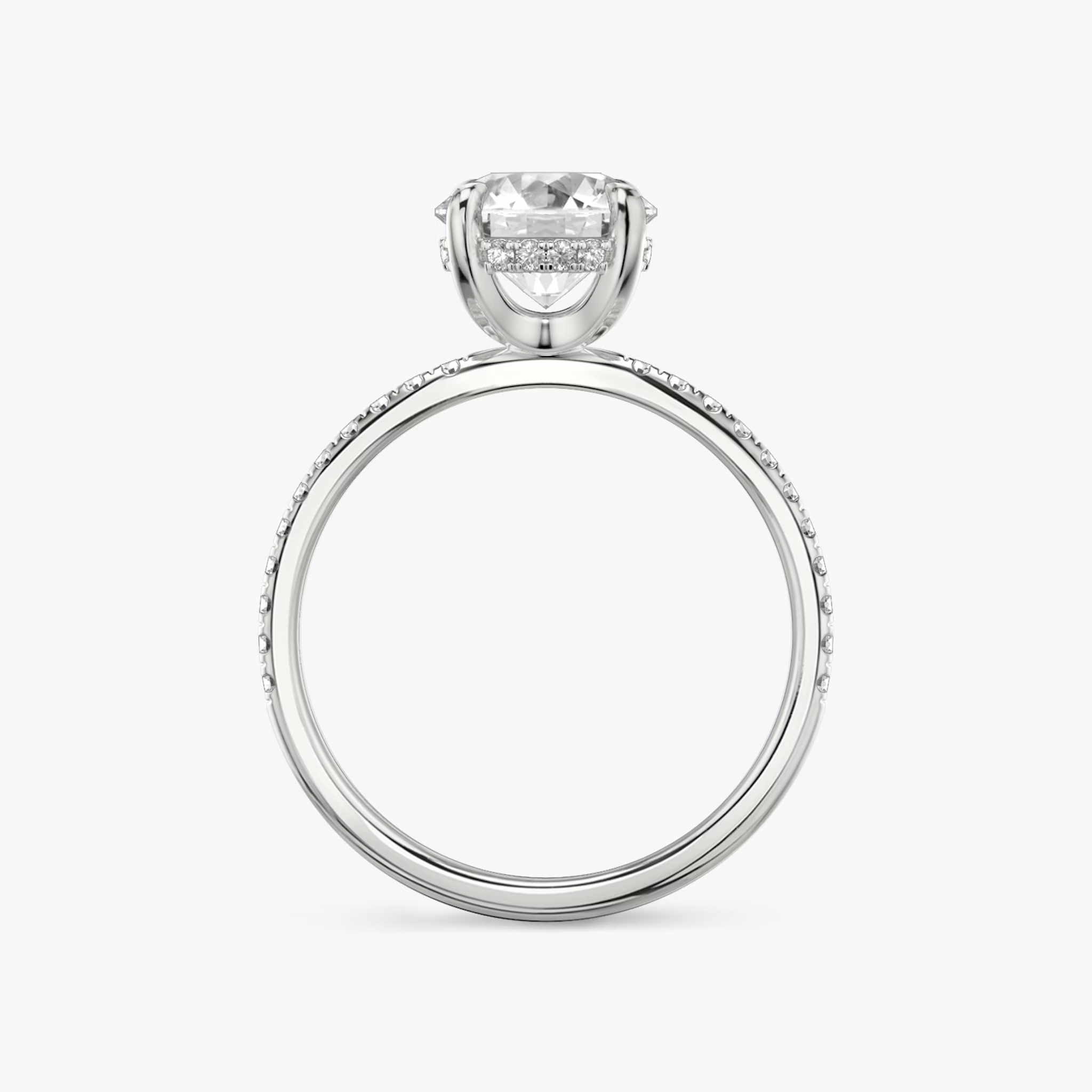 The Classic Hidden Halo | Round Brilliant | 18k | White Gold | bandAccent: Pavé | bandWidth: standard | caratWeight: other | prongStyle: Plain | diamondOrientation: vertical